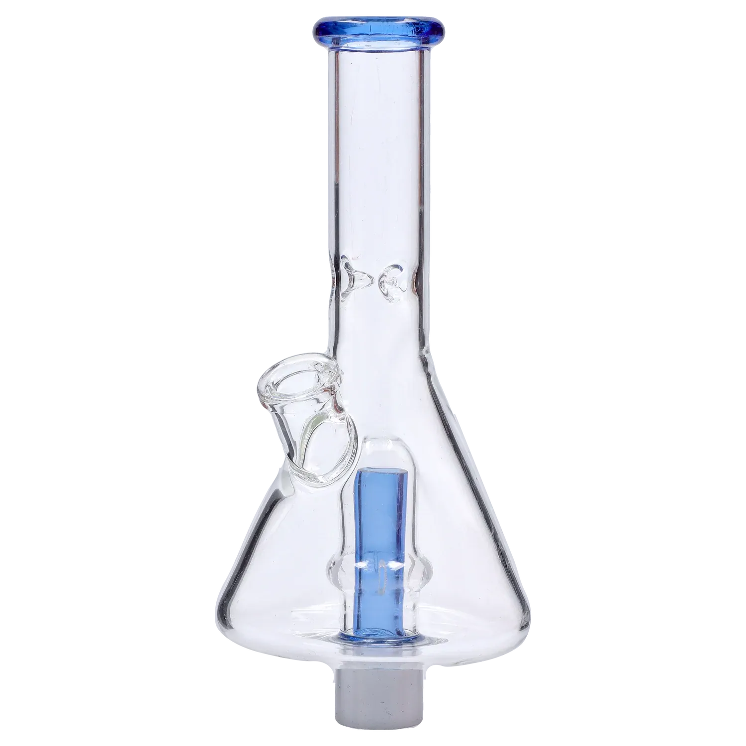 Centered front view of a clear glass DHC Beaker Nectar Collector - 14mm showing its beaker base, blue downstem and flared mouthpiece against a pale striped background