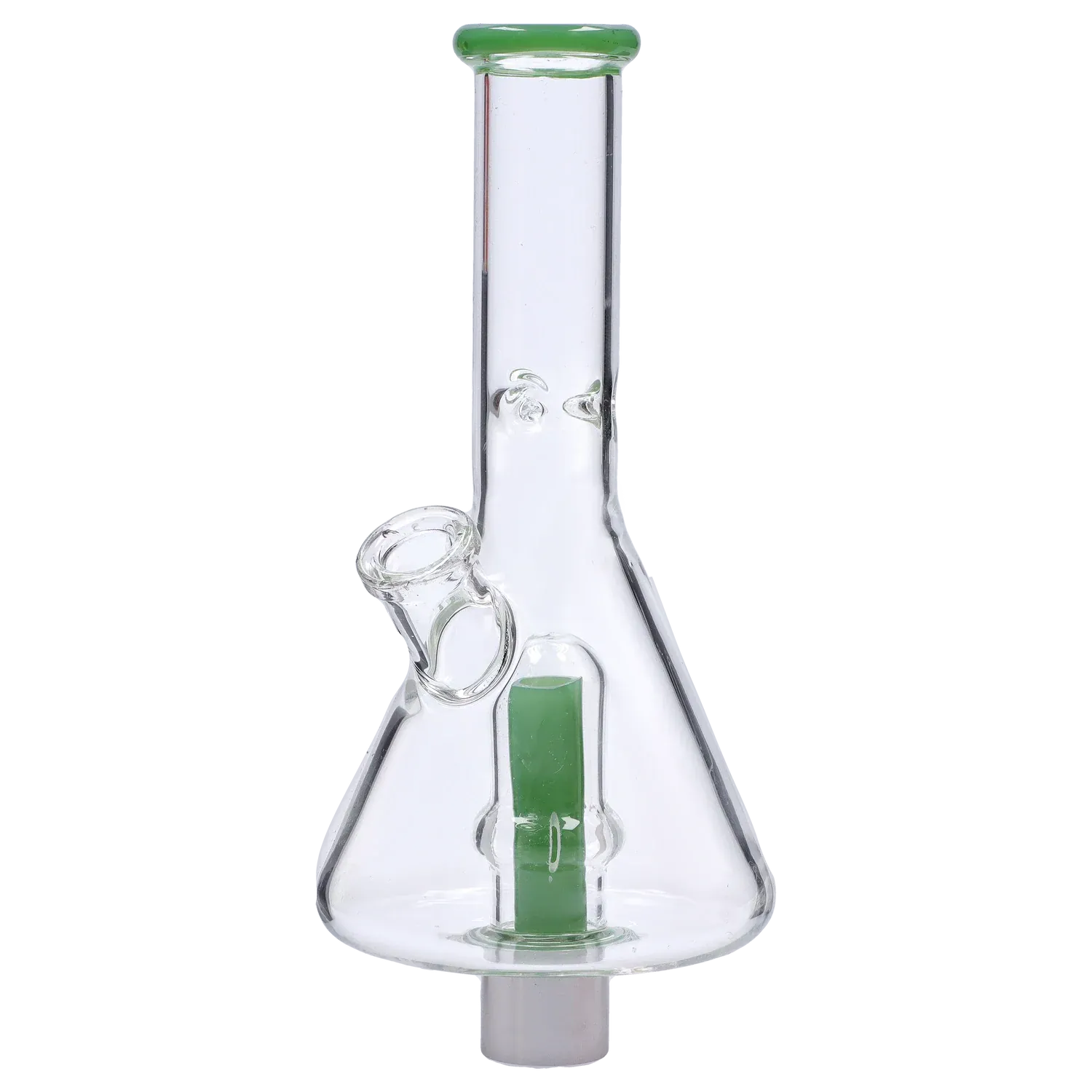 Centered front view of the DHC Beaker Nectar Collector - 14mm showing its clear glass beaker body with a green internal tube and matching green-rimmed mouthpiece.