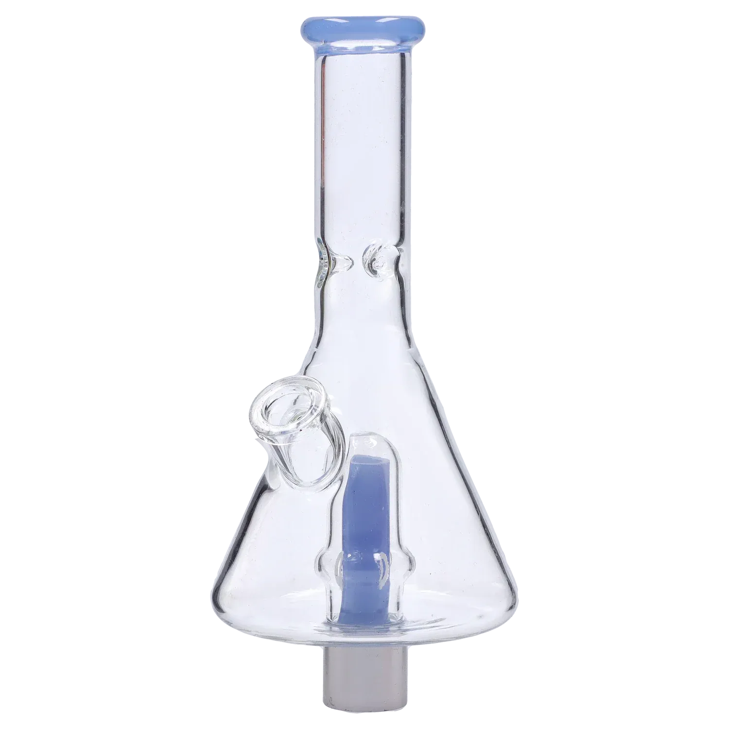 Centered front view of the clear DHC Beaker Nectar Collector - 14mm showing its blue-rimmed mouthpiece, angled joint, and internal blue downstem.