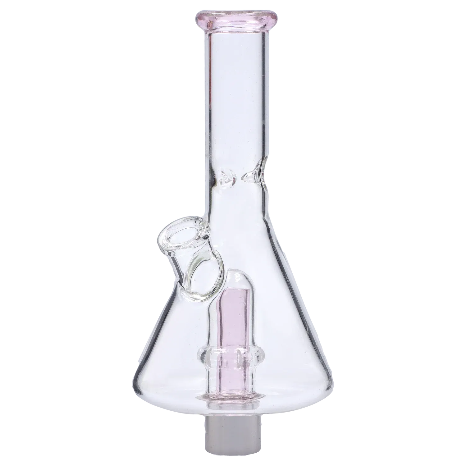 Centered front view of a clear glass DHC Beaker Nectar Collector - 14mm showing its beaker base, slanted joint and faint pink downstem against a soft gray background
