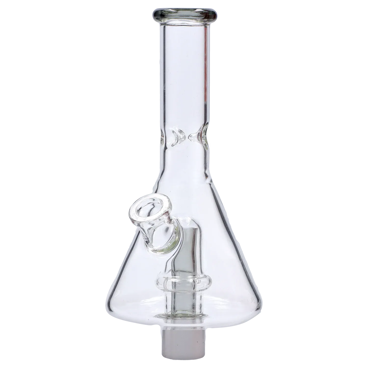 Centered front view of the clear DHC Beaker Nectar Collector - 14mm showing its straight neck, beaker base, and angled downstem against a soft gray background