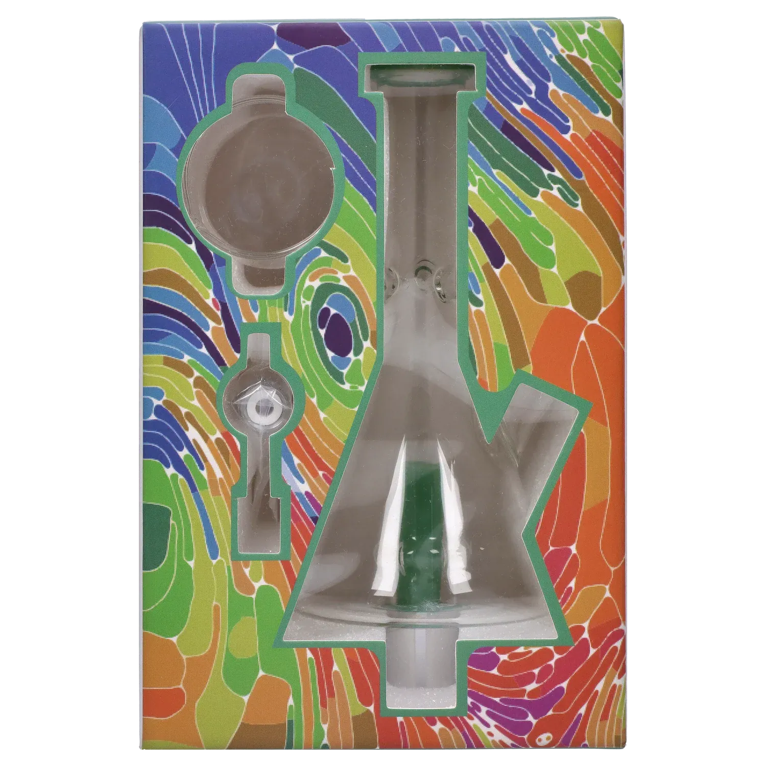 Top-down view of the DHC Beaker Nectar Collector - 14mm inside die-cut packaging with a green glass tip visible against a colorful, swirled background.