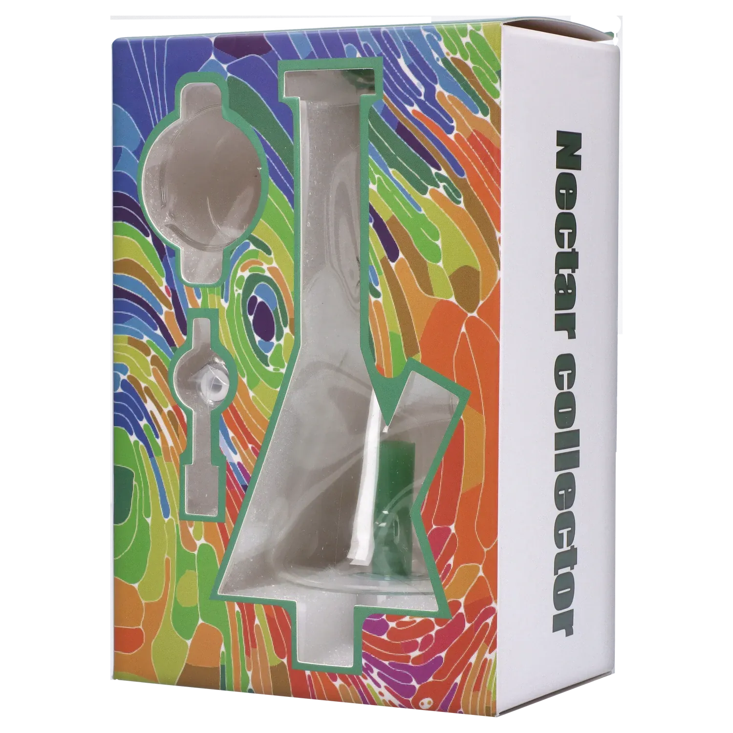 Front three-quarter view of the DHC Beaker Nectar Collector - 14mm visible through a psychedelic multicolored windowed box.