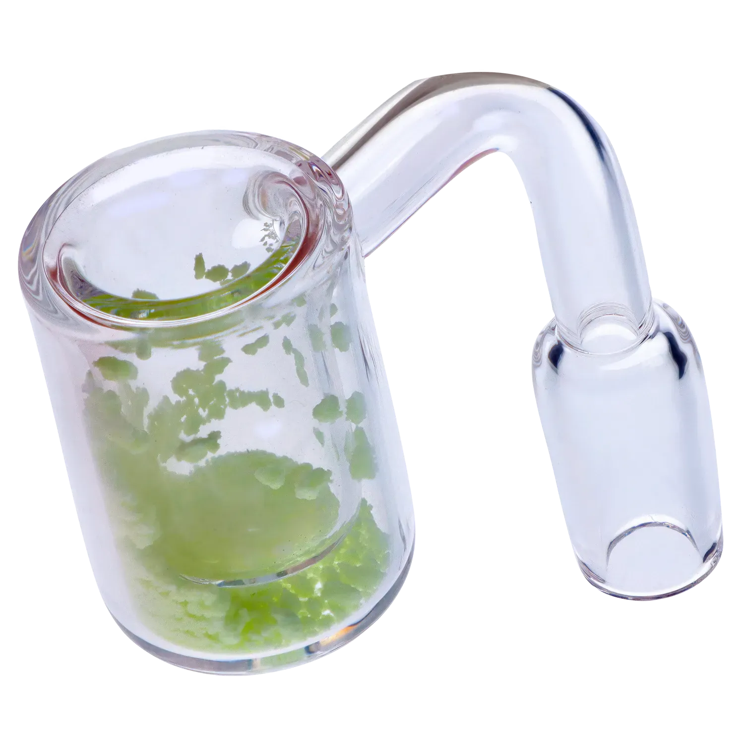 Close-up angled view of the glass joint and cup of the DHC Frit Sand Banger - Male - 14mm showing green frit details inside the clear chamber.