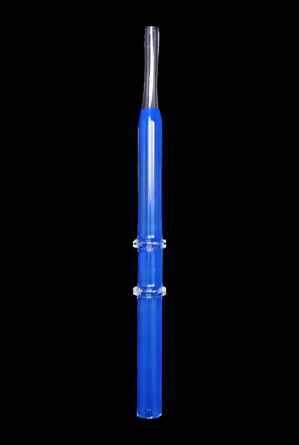 Centered vertical view of a blue DHC Double Rim Glass Straw against a black background, showing its clear glass rim and two raised rings along the shaft.