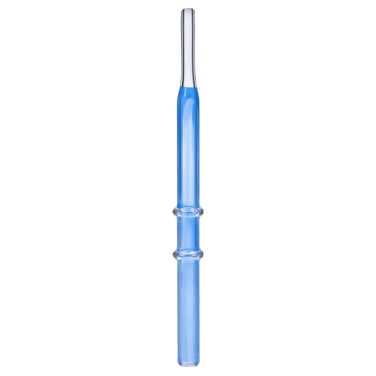 Vertical studio shot of the DHC Double Rim Glass Straw showing its clear top and translucent blue lower tube with a double rim detail and subtle reflection