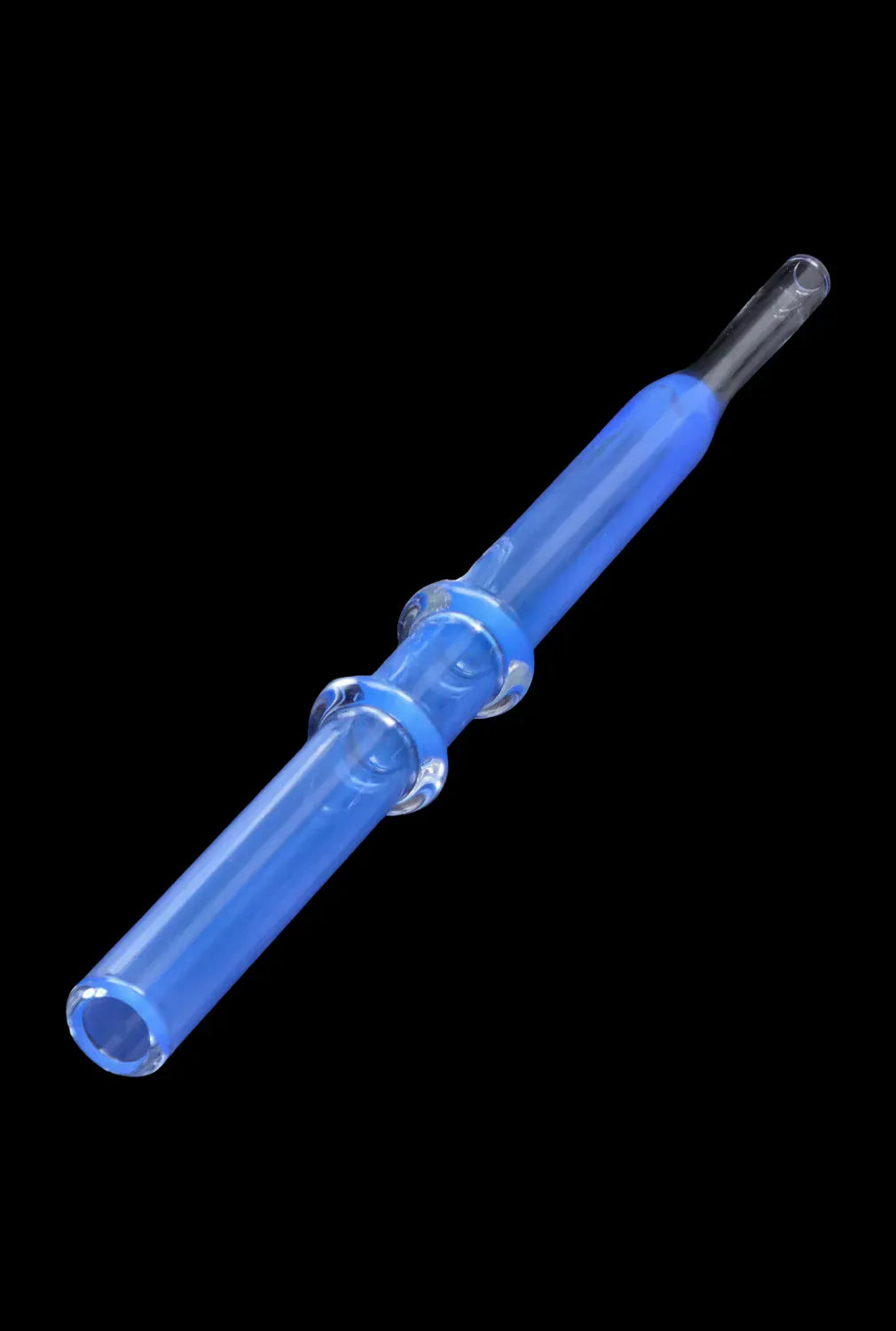 Angled close-up of the blue DHC Double Rim Glass Straw against a black background, showing its double-rimmed clear glass accents and glossy finish.