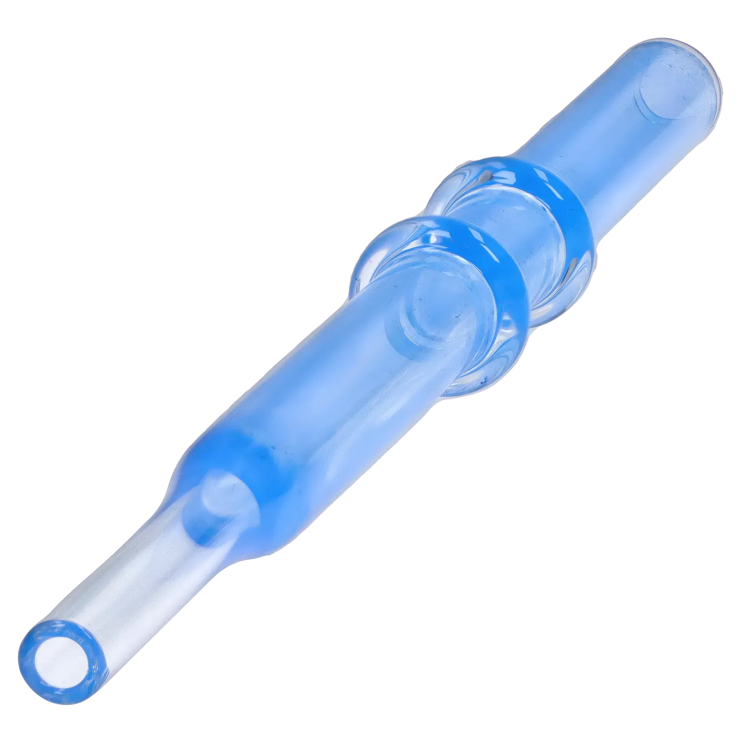 Diagonal close-up of a translucent blue DHC Double Rim Glass Straw showing its double-rimmed center and rounded ends against a white-to-red background