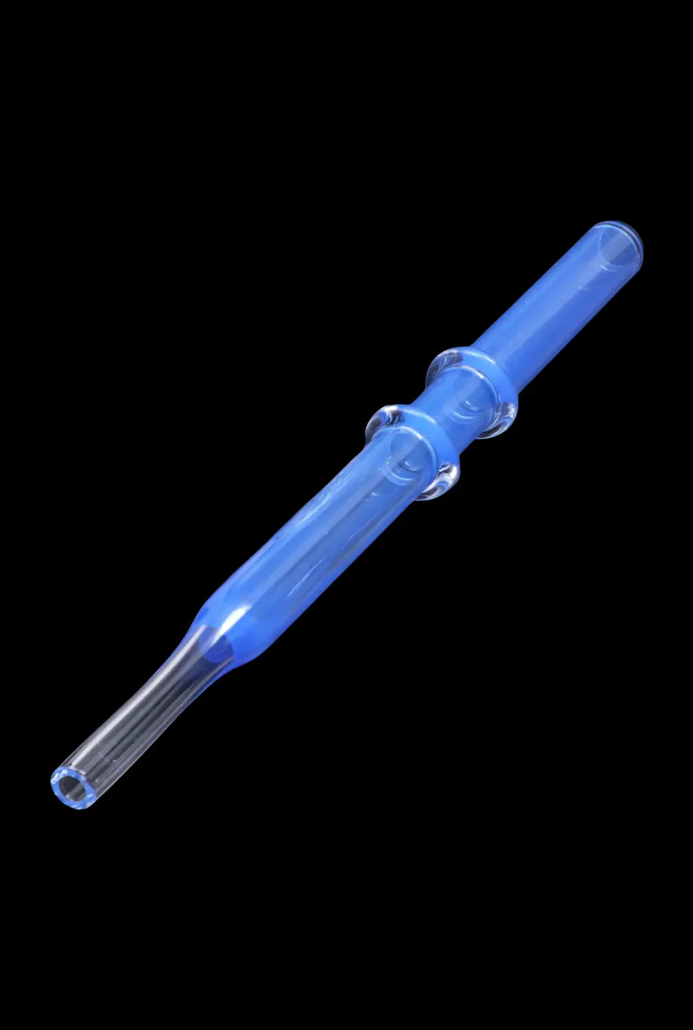 Diagonal close-up of the DHC Double Rim Glass Straw in translucent blue against a black background, showing two raised glass rings near the center and a tapered clear mouthpiece.