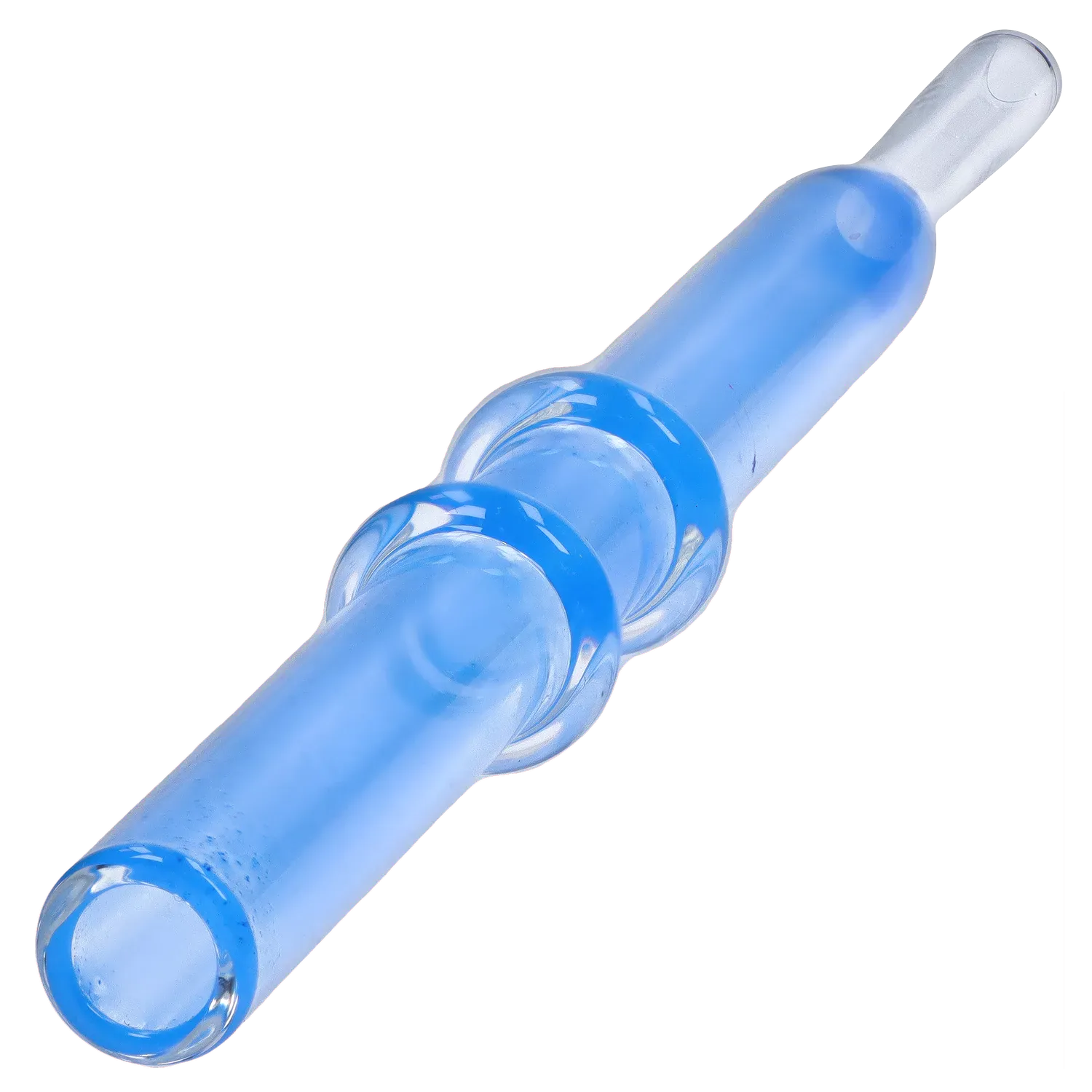 Diagonal close-up of a blue glass tube with dual rings, showing the DHC Double Rim Glass Straw against a white and red background