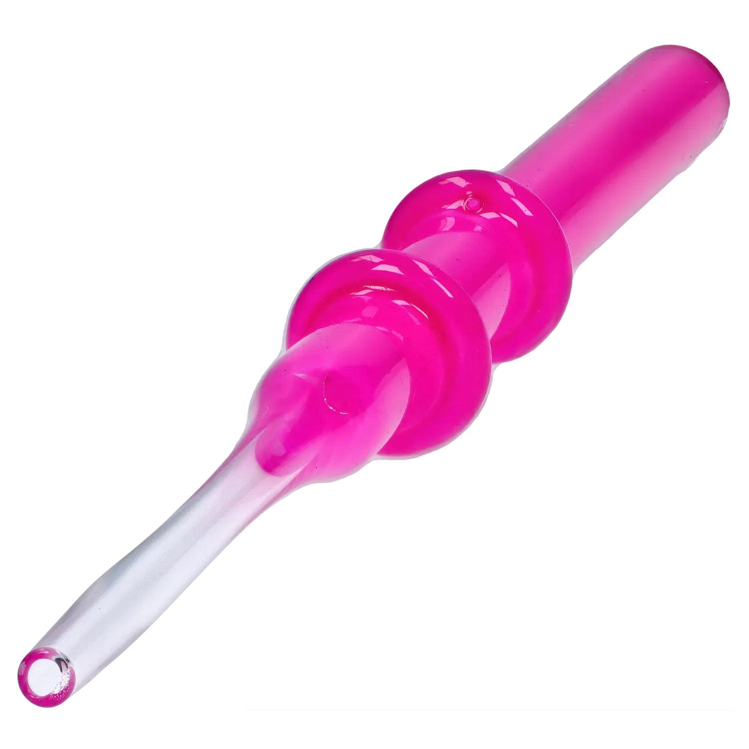 Angled close-up of a translucent pink DHC Double Rim Glass Straw showing its rounded double-rim detail and glossy finish.
