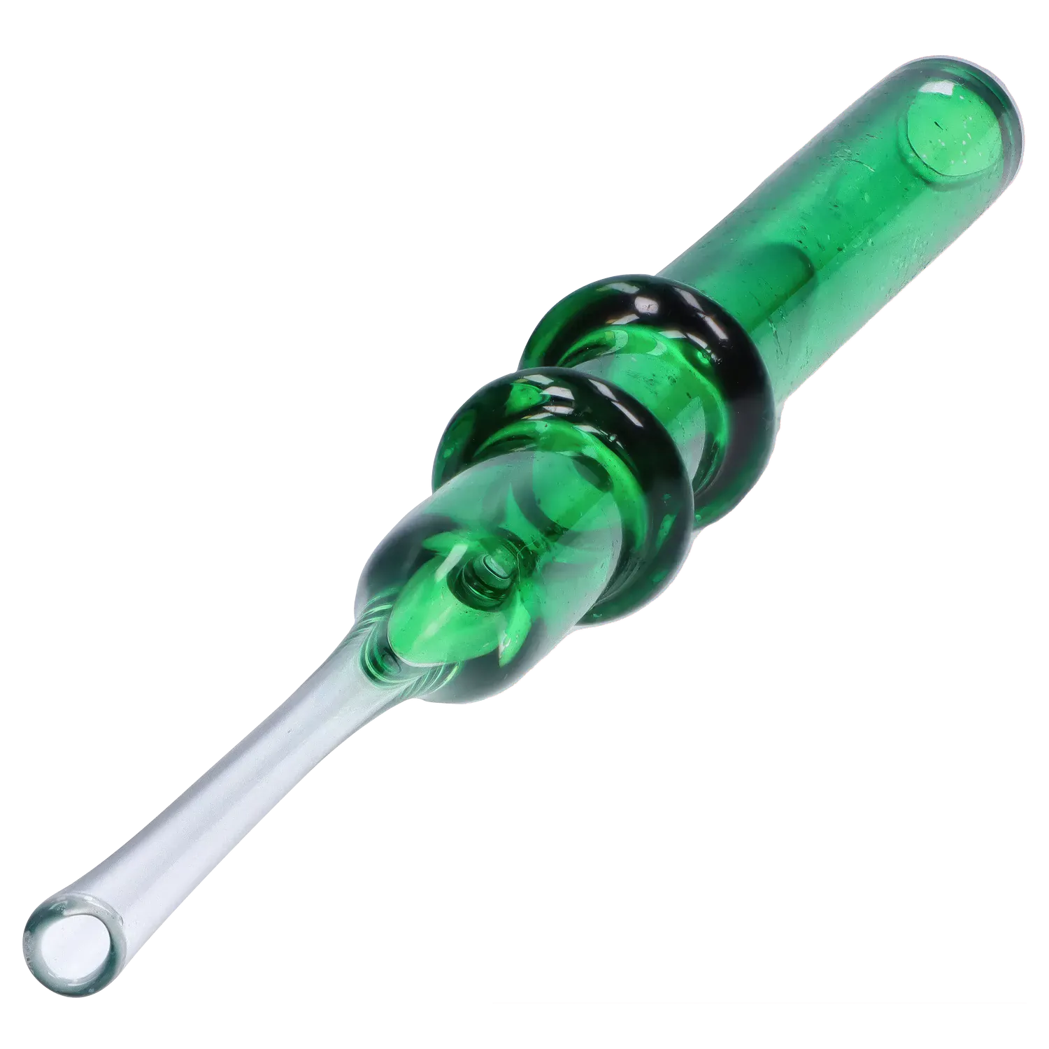 Angled close-up of the green glass DHC Double Rim Glass Straw showing its double-rimmed bulb detail and clear tapered mouthpiece.