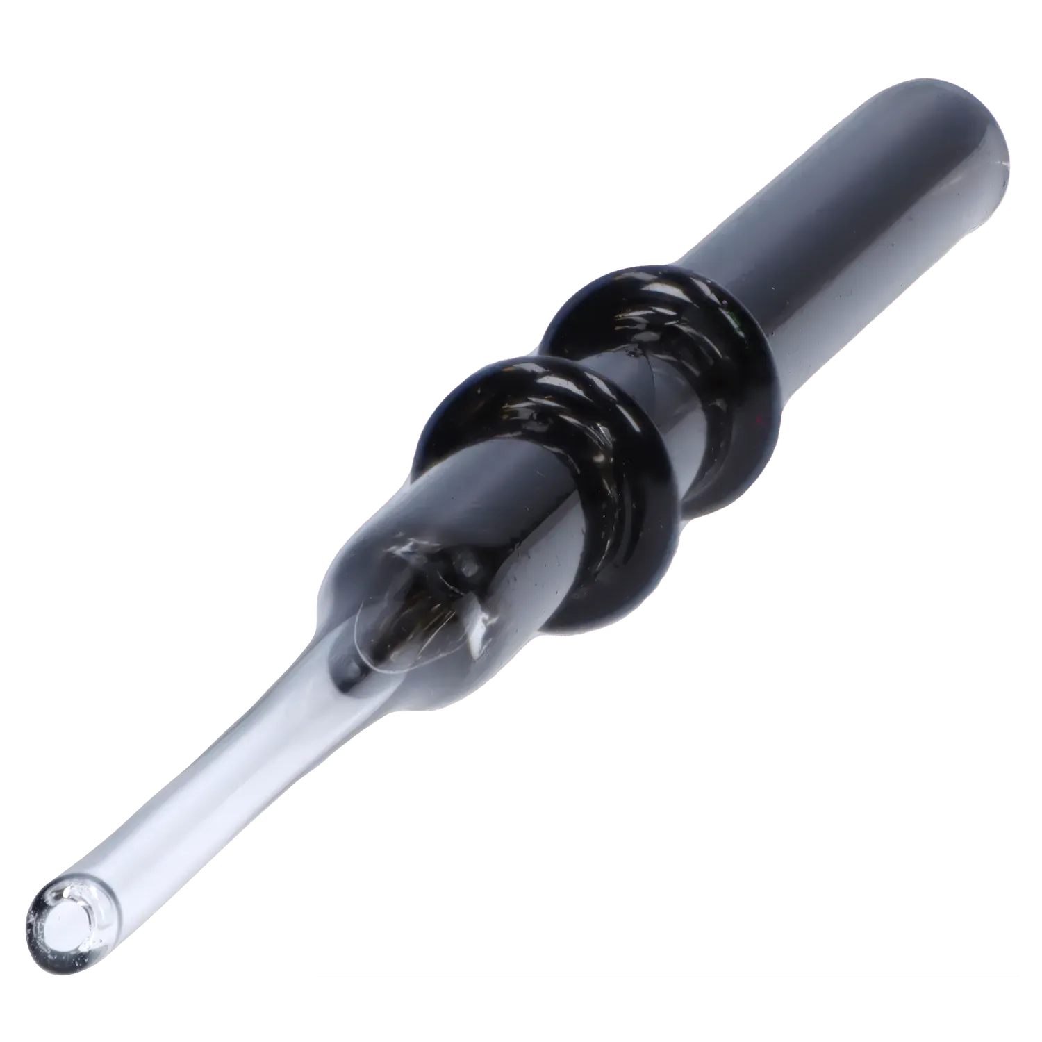 Angled close-up of a black glass DHC Double Rim Glass Straw showing its rounded mouthpiece and twin-rim detail against a white background