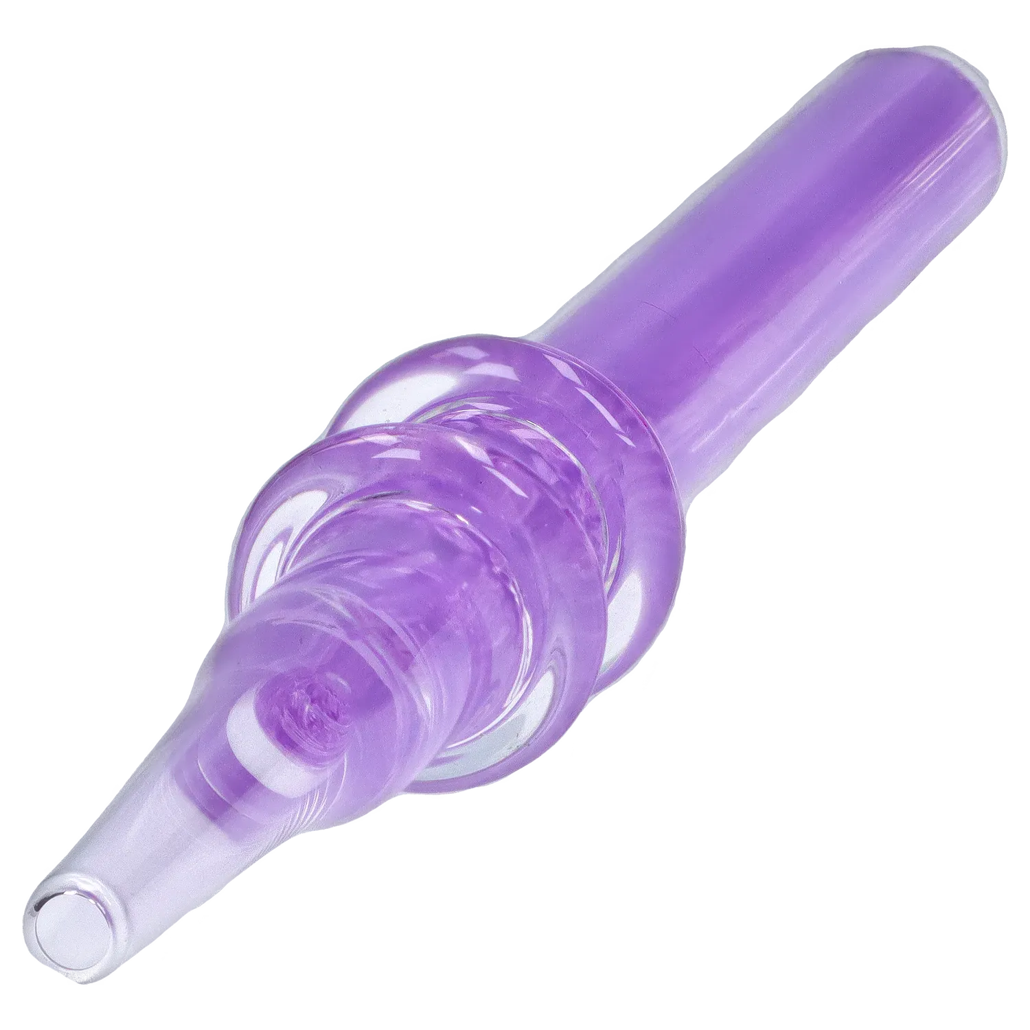 Angled close-up of a translucent purple DHC Double Rim Glass Straw showing its rounded double-rim detail and glossy finish.