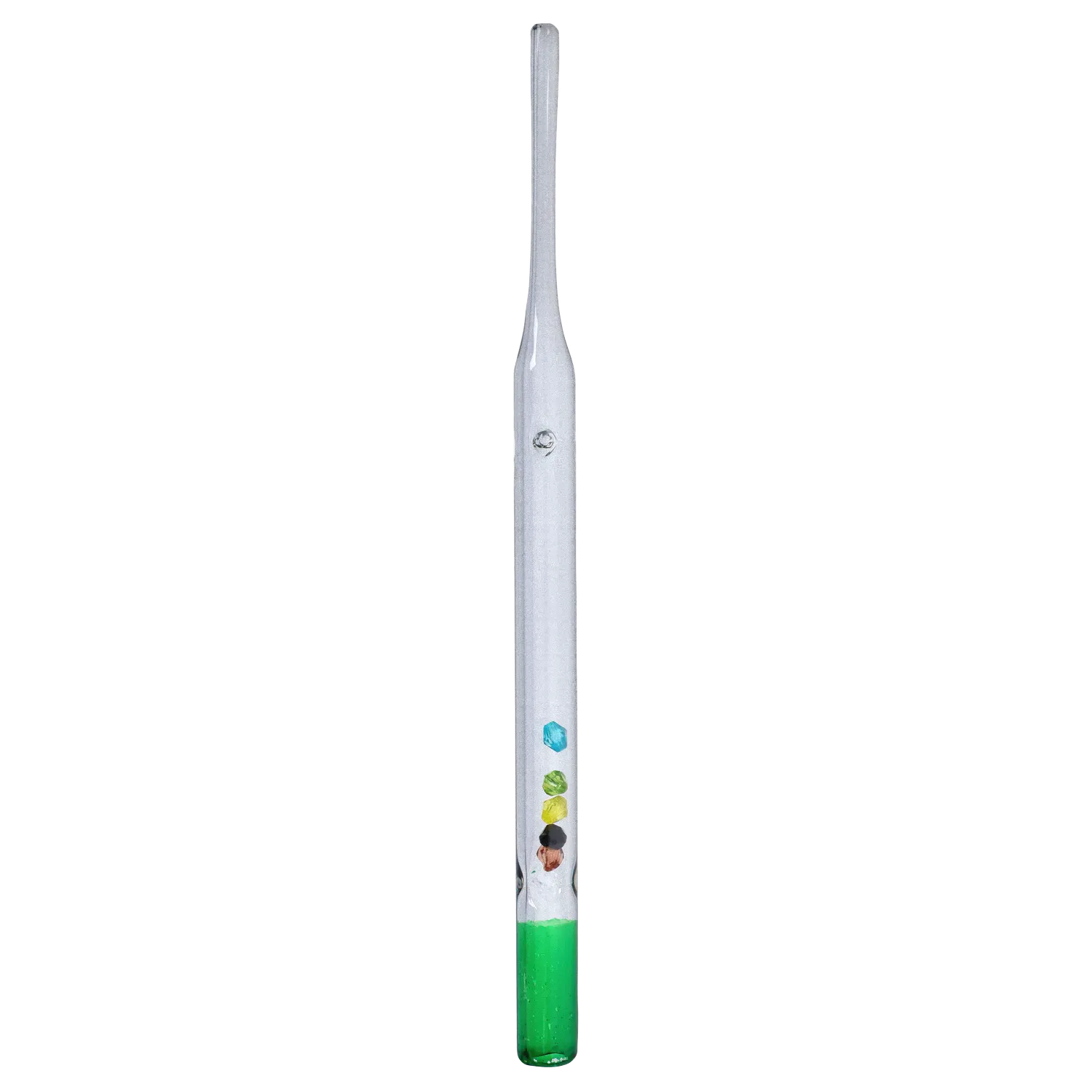 Vertical close-up of a clear DHC Glass Straw with Beads showing colorful embedded beads and a green-filled base against a white background.