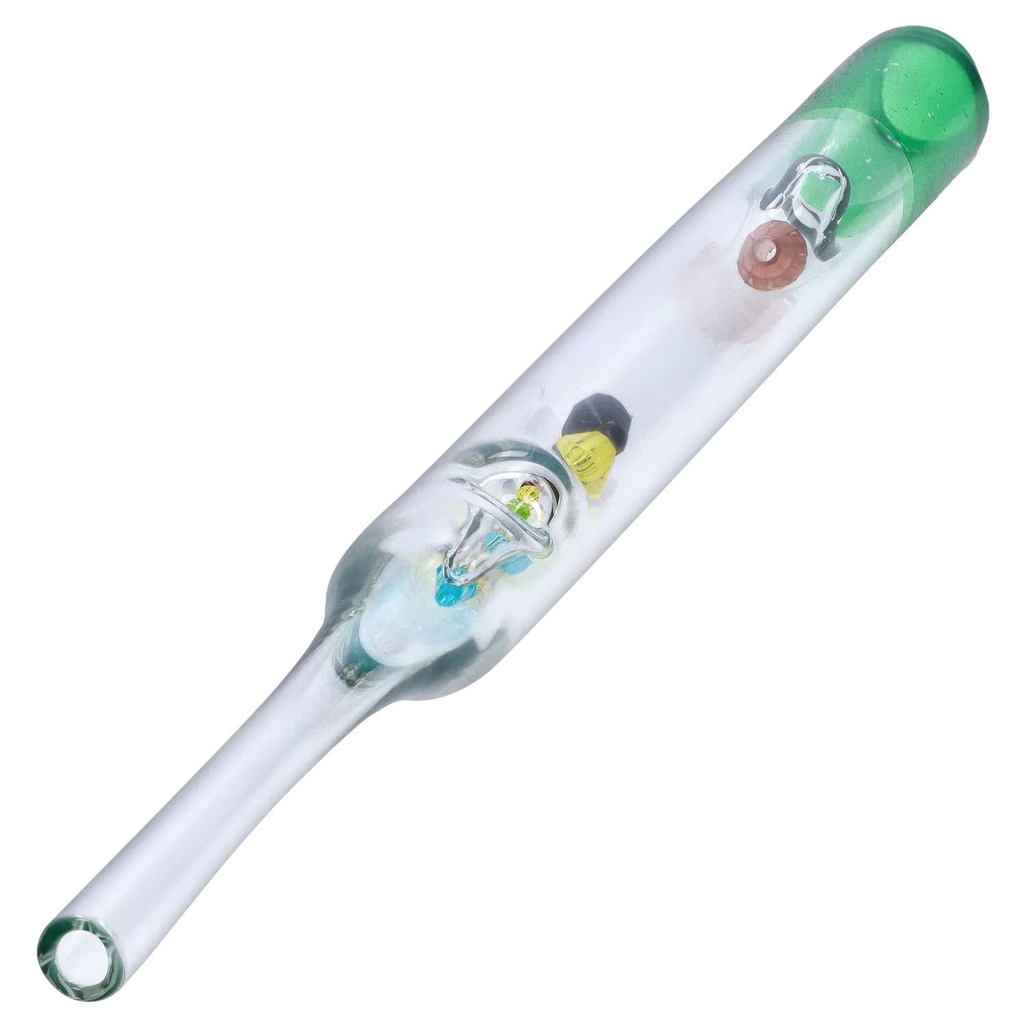 Diagonal close-up of a clear DHC Glass Straw with Beads showing a green-tinted rounded mouthpiece and small colorful internal glass beads.