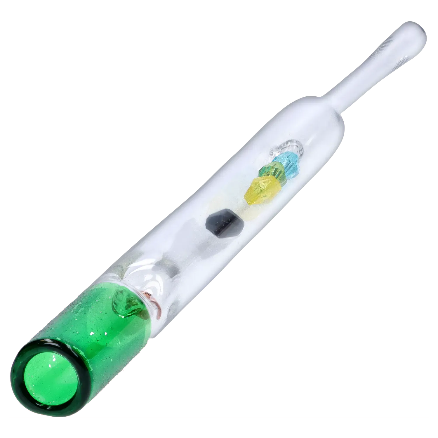 Angled close-up of a clear DHC Glass Straw with Beads showing a green mouthpiece and three colored internal beads against a white and red background