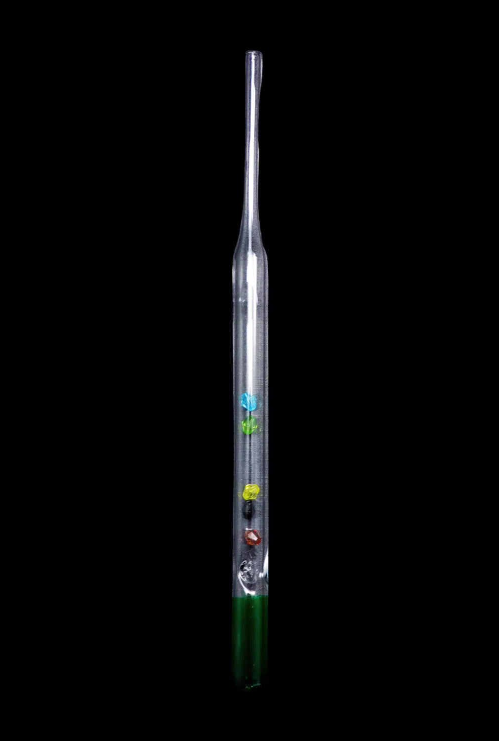 Centered vertical view of a DHC Glass Straw with Beads showing a clear glass tube with four colored beads and a green base on black.