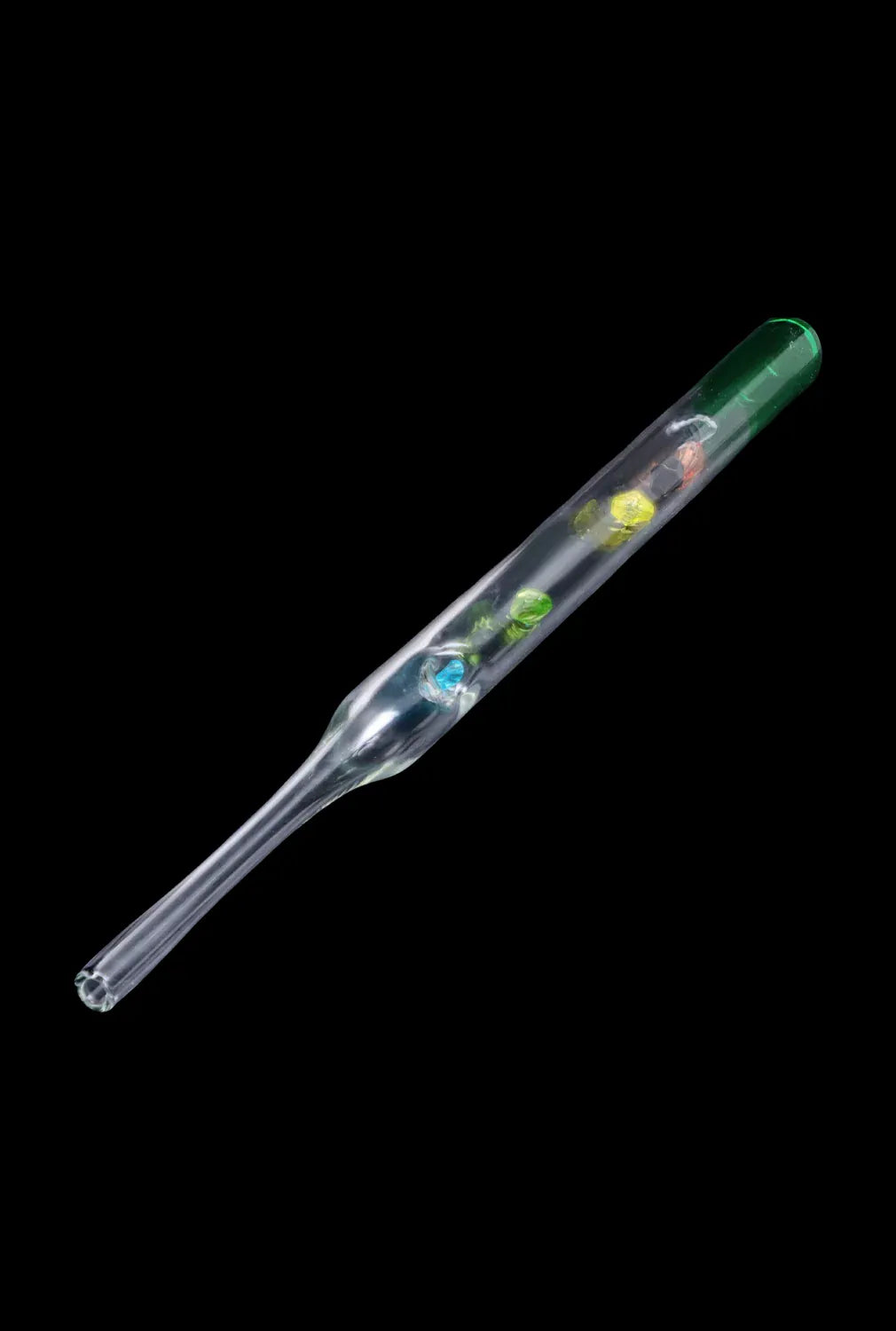 Diagonal close-up of a clear DHC Glass Straw with Beads showing a green-tinted tip and three colorful internal beads against a black background