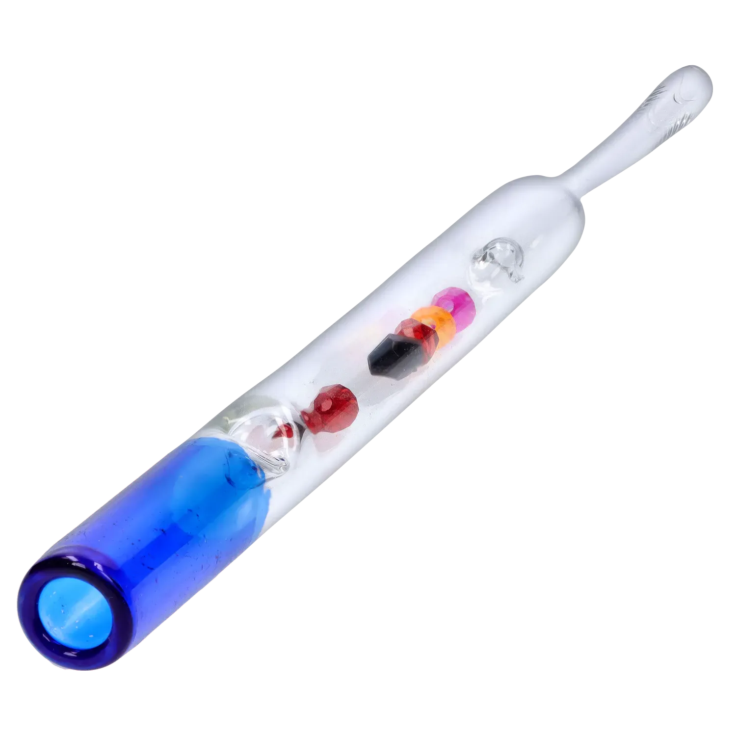 Angled close-up of the DHC Glass Straw with Beads showing its clear glass body, blue mouthpiece, and a row of colorful internal beads.