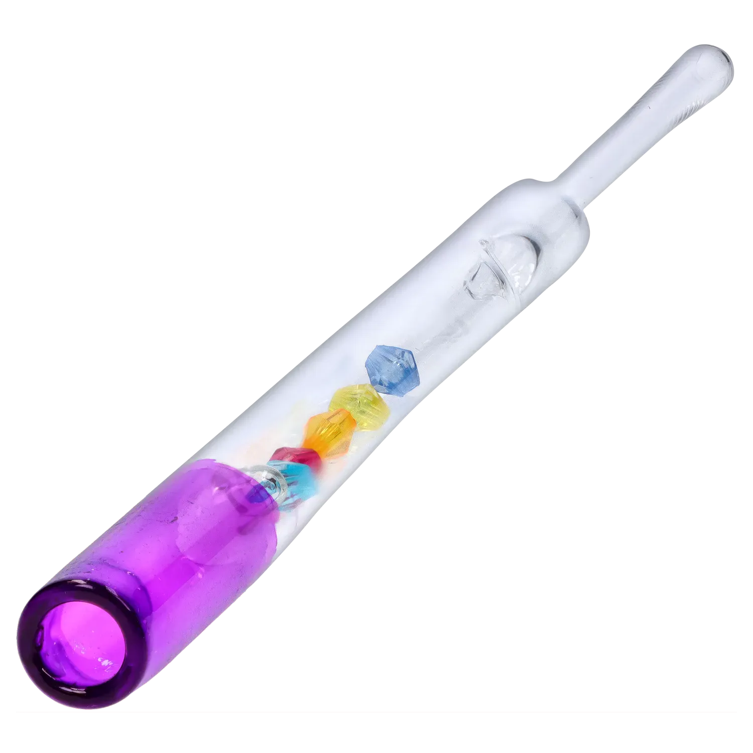 Angled close-up of the DHC Glass Straw with Beads showing a purple mouthpiece and a row of colorful faceted beads inside the clear glass.