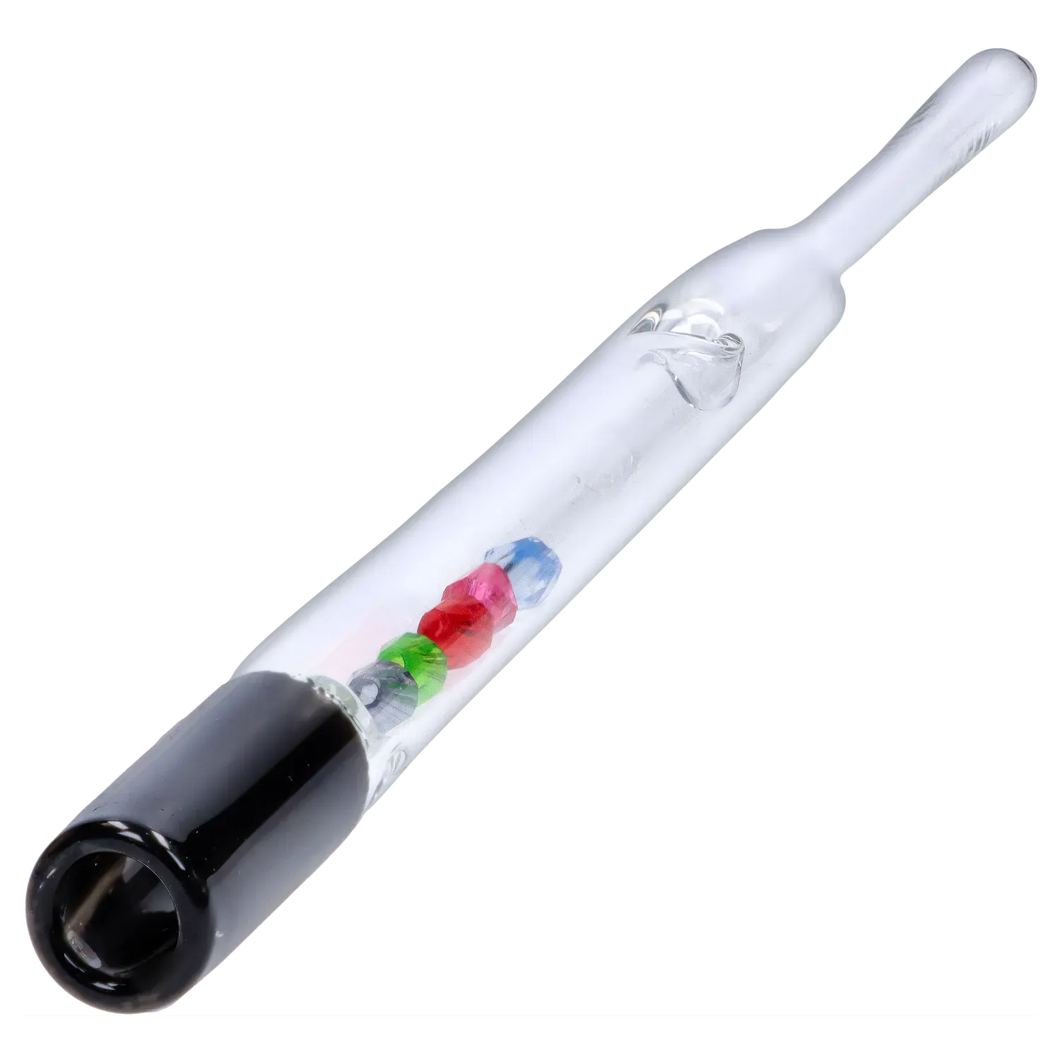 Angled close-up of the DHC Glass Straw with Beads showing its clear tube, black mouthpiece, and a row of colored beads inside.