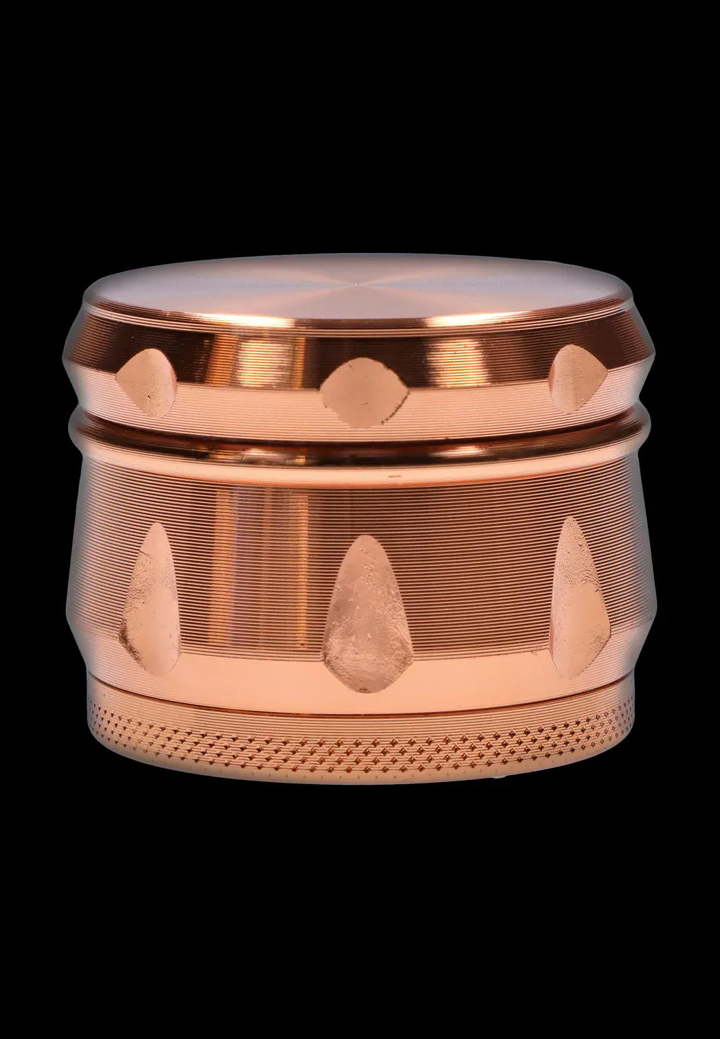 Close-up front view of the DHC Grooved 3-Stage Grinder - 62mm in a reflective copper finish against a black background.