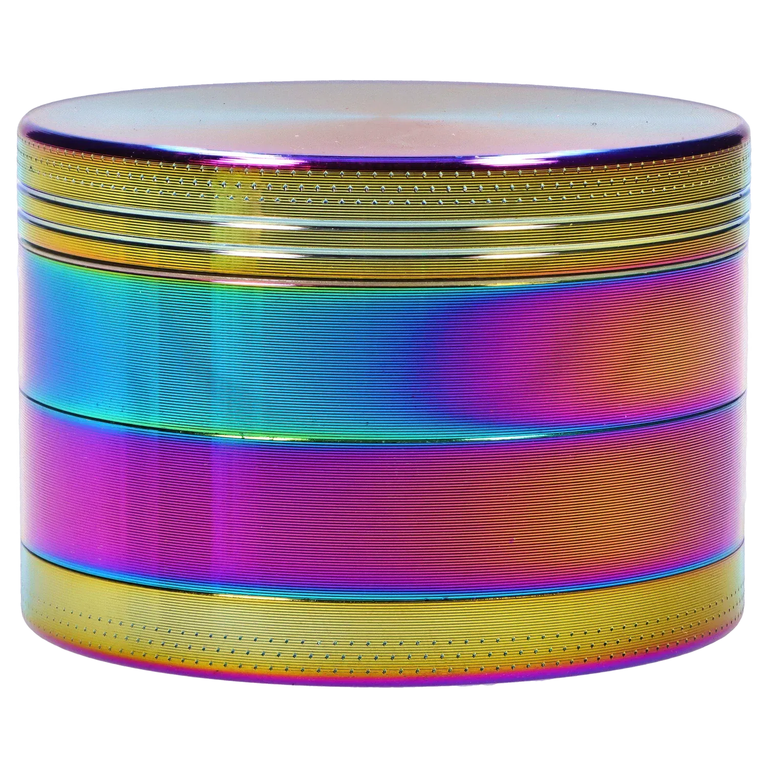 Close-up front view of the DHC Grooved 3-Stage Grinder - 52mm showing its metallic rainbow finish with concentric grooved bands and dotted grip edges.