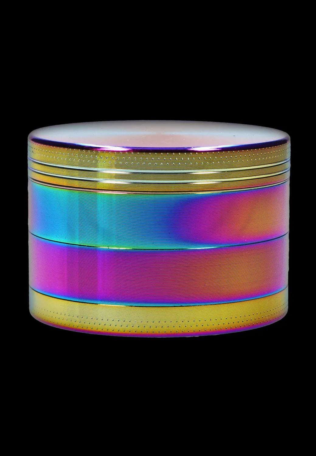 Close-up front view of the rainbow DHC Grooved 3-Stage Grinder - 52mm showing iridescent concentric bands and fine textured grooves.