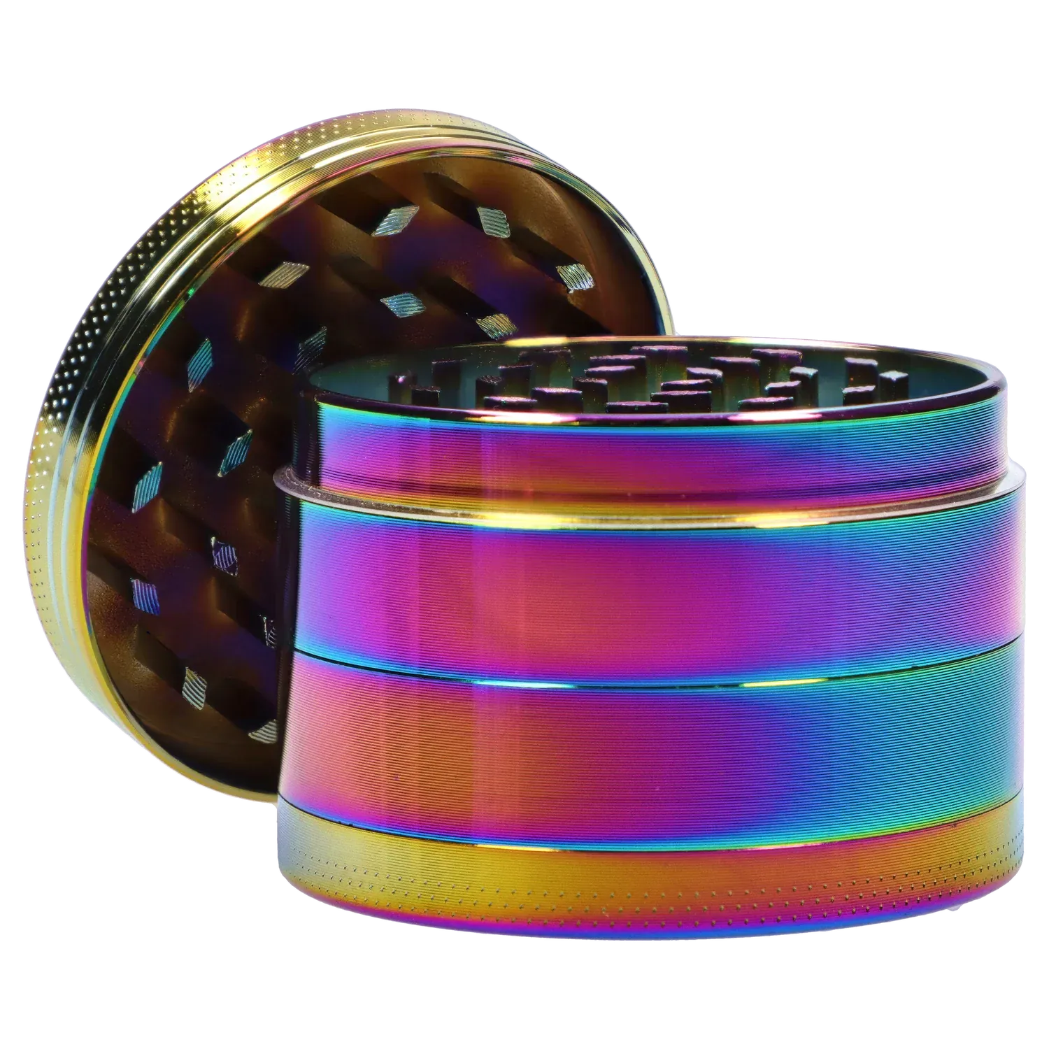 Close-up, angled view of the iridescent DHC Grooved 3-Stage Grinder - 52mm showing its open top teeth and stacked rainbow-hued metal chambers.