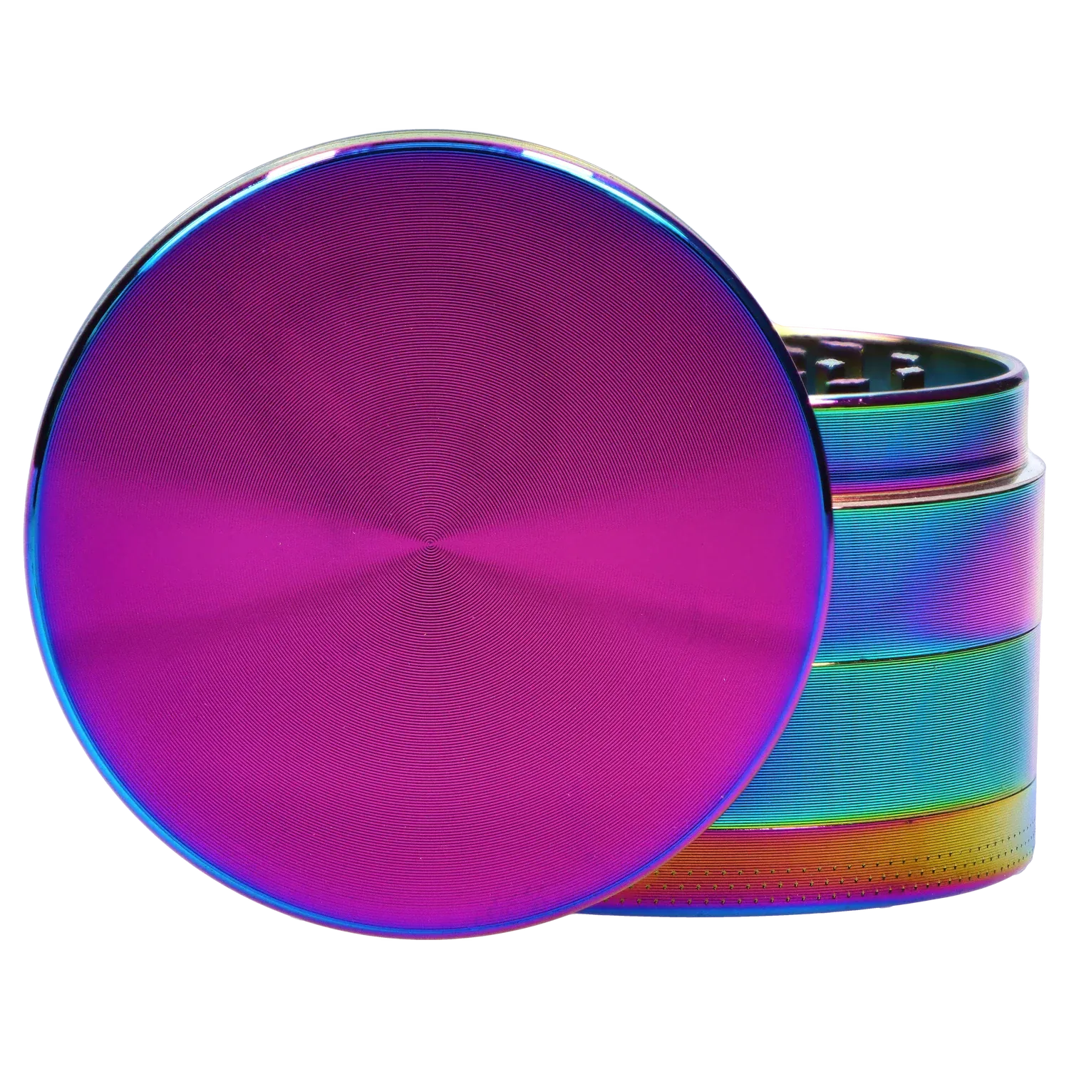 Close-up angled view of the iridescent DHC Grooved 3-Stage Grinder - 52mm showing its purple top with concentric grooves and stacked rainbow-finished sides