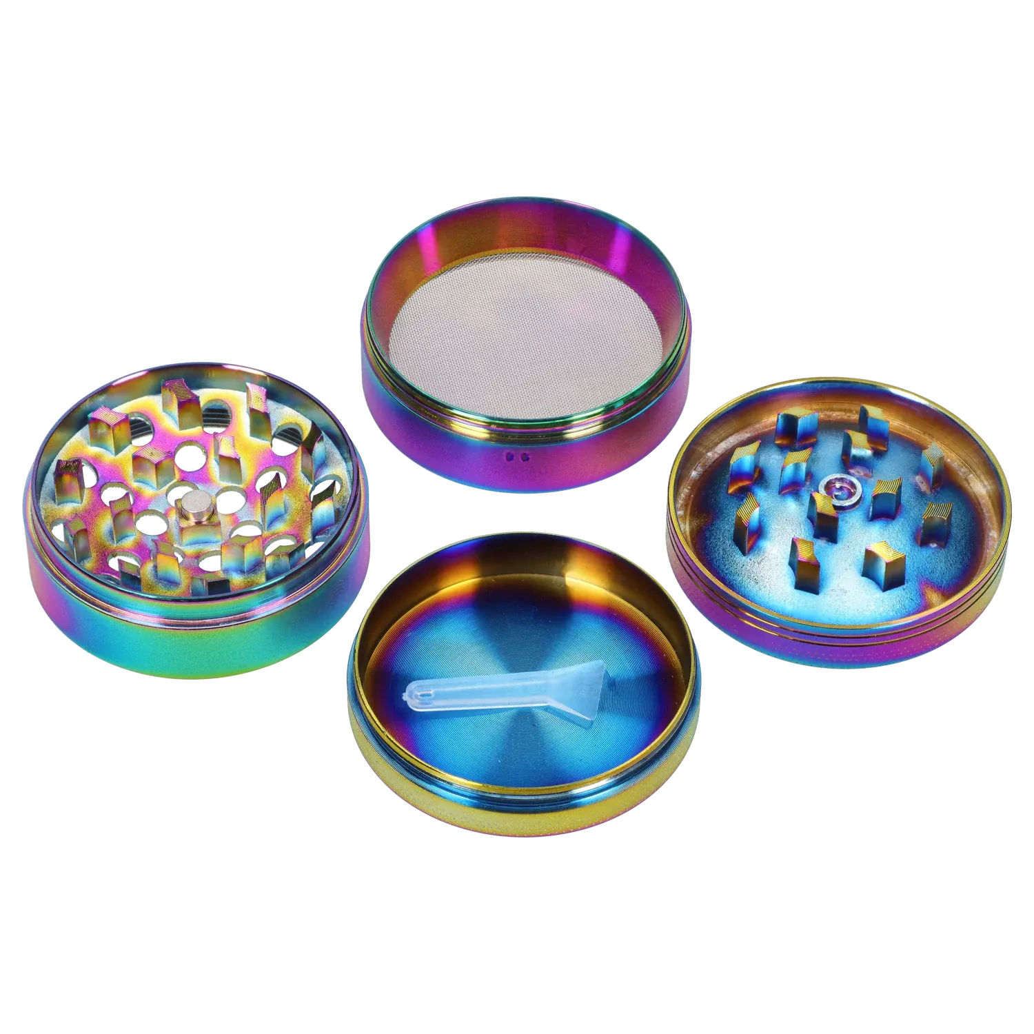 Top-down view of the iridescent DHC Grooved 3-Stage Grinder - 52mm opened into four rainbow-hued metal sections on white.