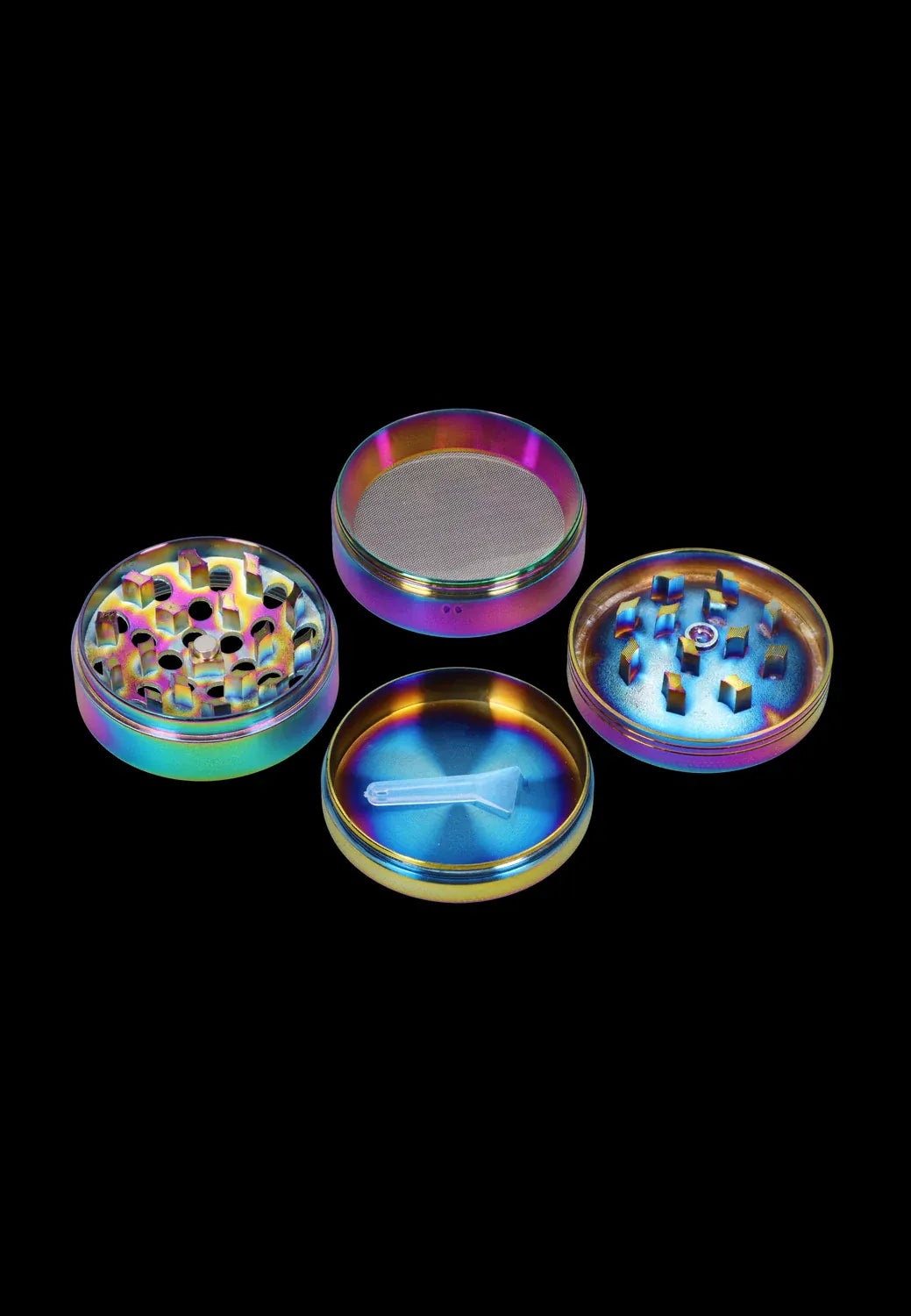 Top-down view of the rainbow-finished DHC Grooved 3-Stage Grinder - 52mm disassembled into four circular pieces on a black background.