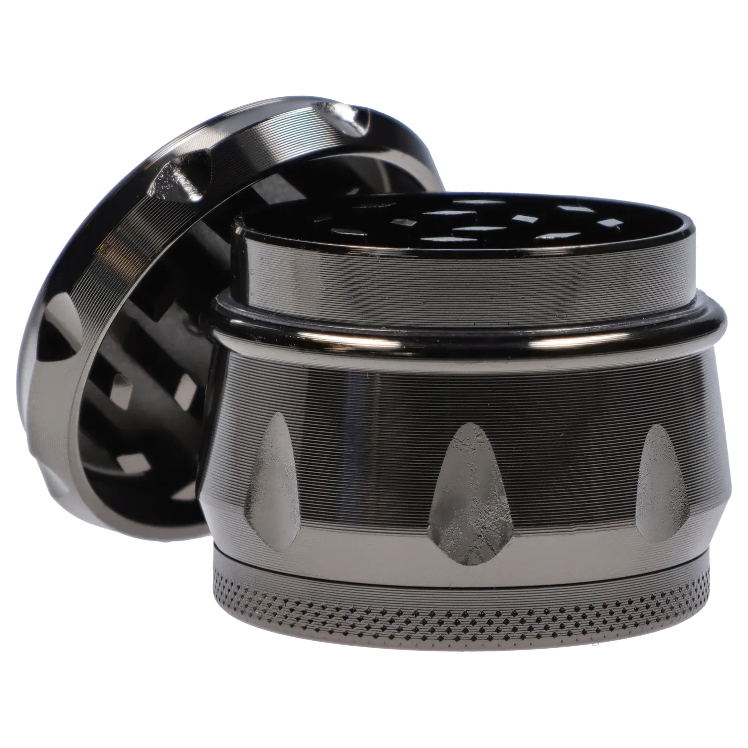 Close-up angled view of the black DHC Grooved 3-Stage Grinder - 52mm showing textured grooves, toothed interior, and knurled base.