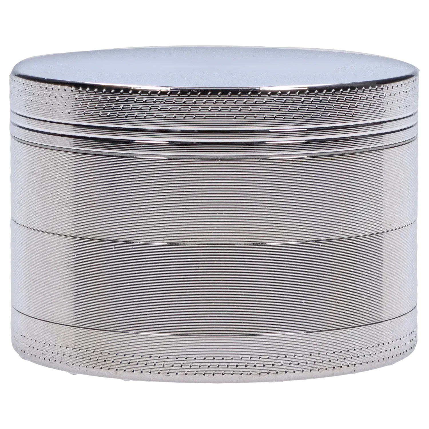Close-up front view of the silver DHC Shiny 3-Stage Grinder - 62mm showing its textured, concentric ridged sides and smooth reflective top.