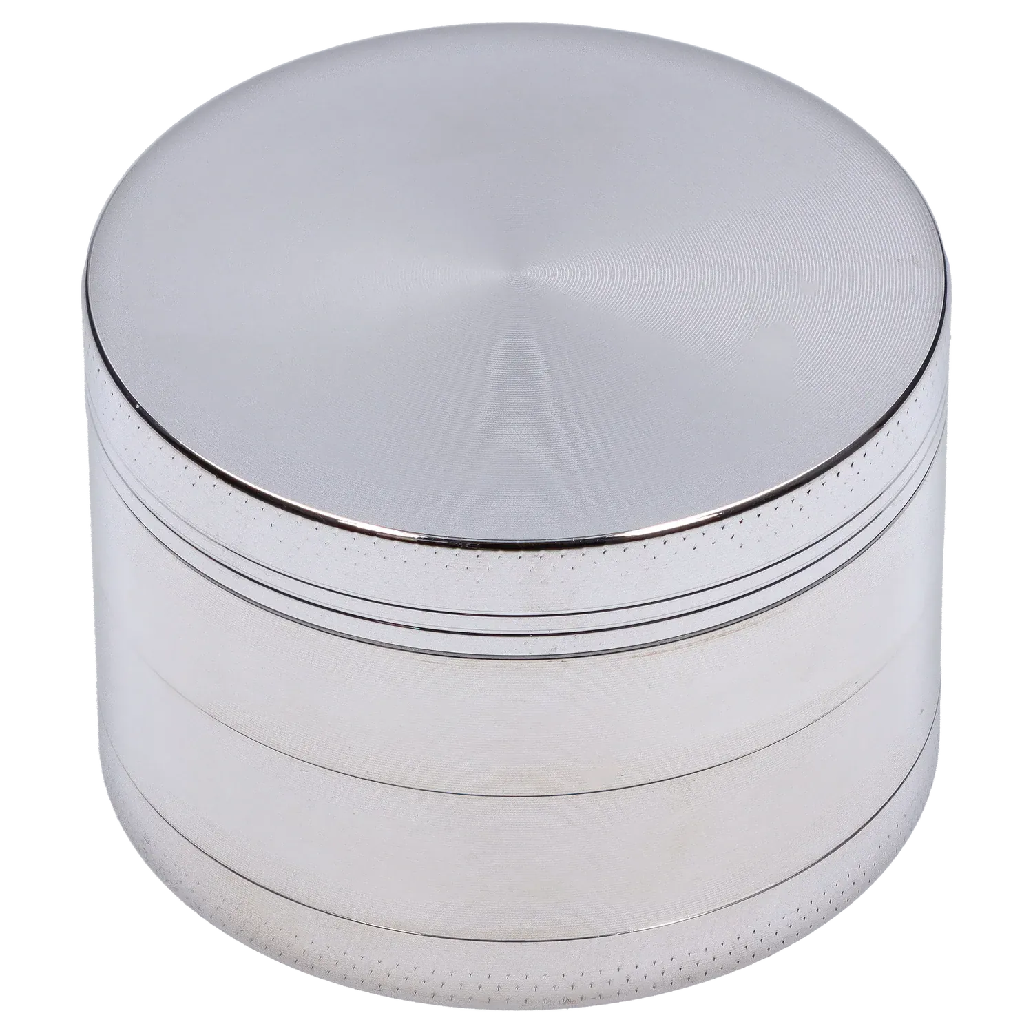 Close-up top-angle view of the silver DHC Shiny 3-Stage Grinder - 62mm showing its concentric brushed-metal lid and stacked, grooved body.