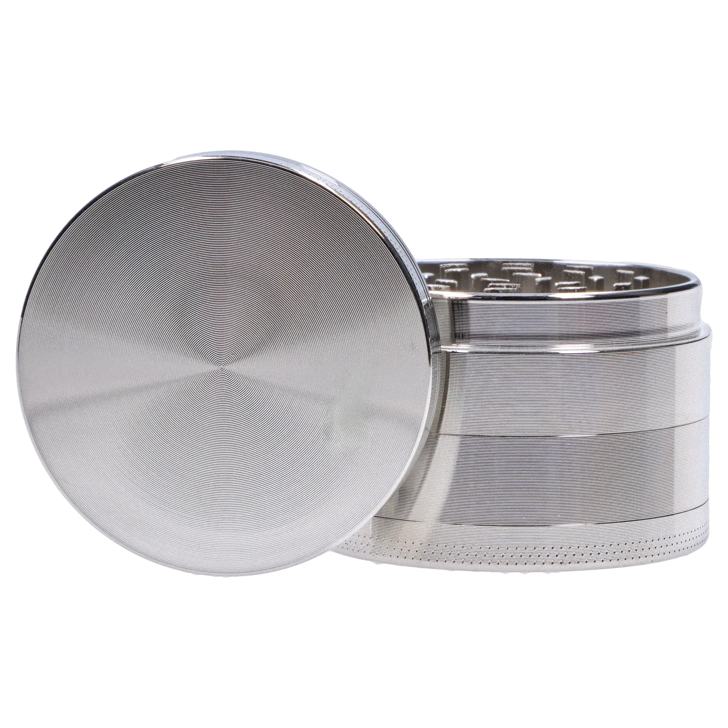 Close-up, front-angle view of the metallic DHC Shiny 3-Stage Grinder - 62mm showing concentric circular lid texture and stacked grooved body.