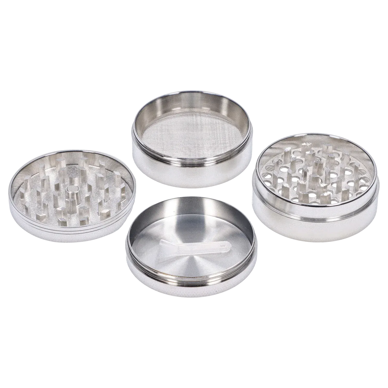 Top-down view of four silver pieces of the DHC Shiny 3-Stage Grinder - 62mm laid out to show the toothed grinding plates, mesh screen, and collection chamber.