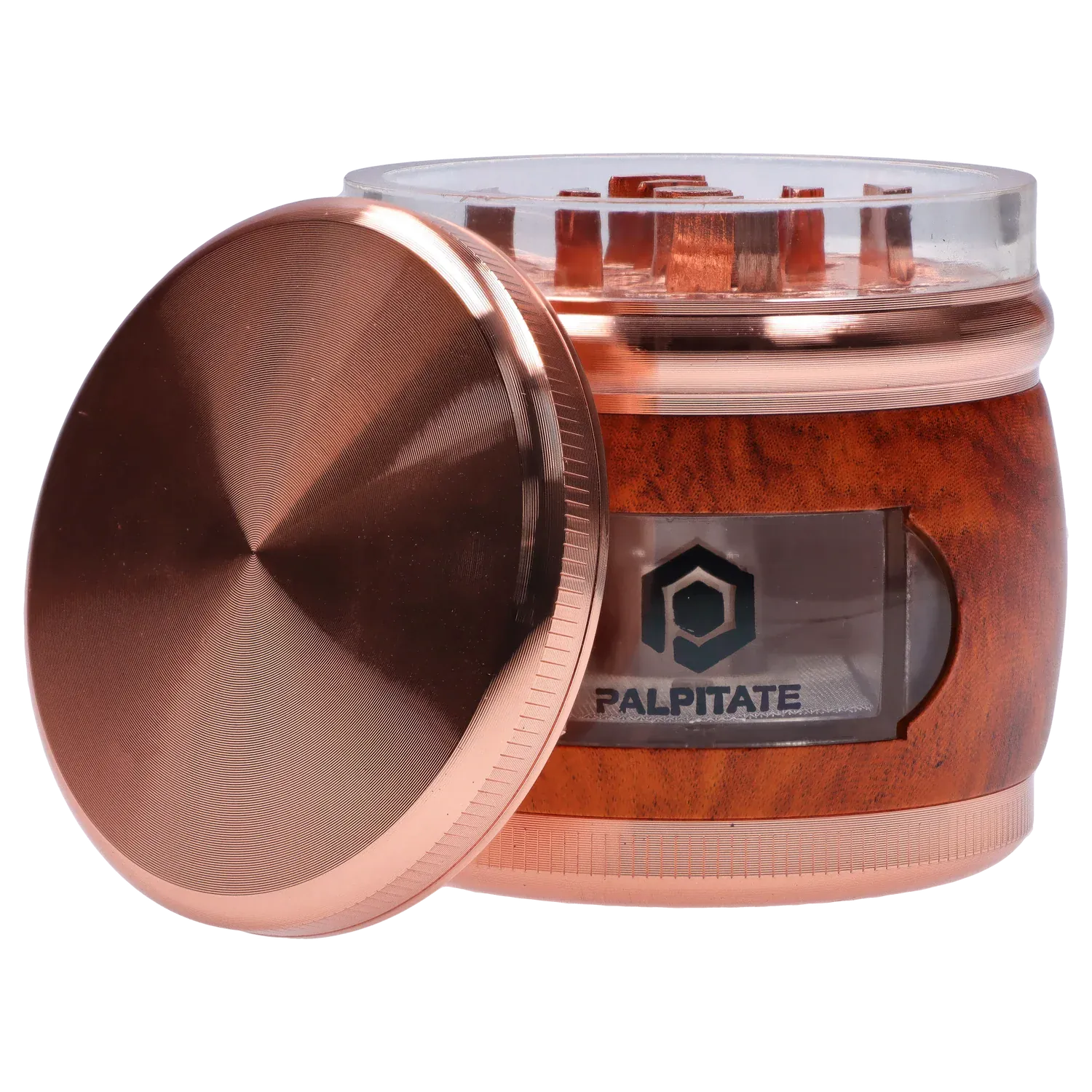 Close-up front view of the DHC Glossy 3-Stage Grinder - 62mm showing its rose-gold lid tilted forward and the clear top teeth and wood-textured body with a Palpitate logo.