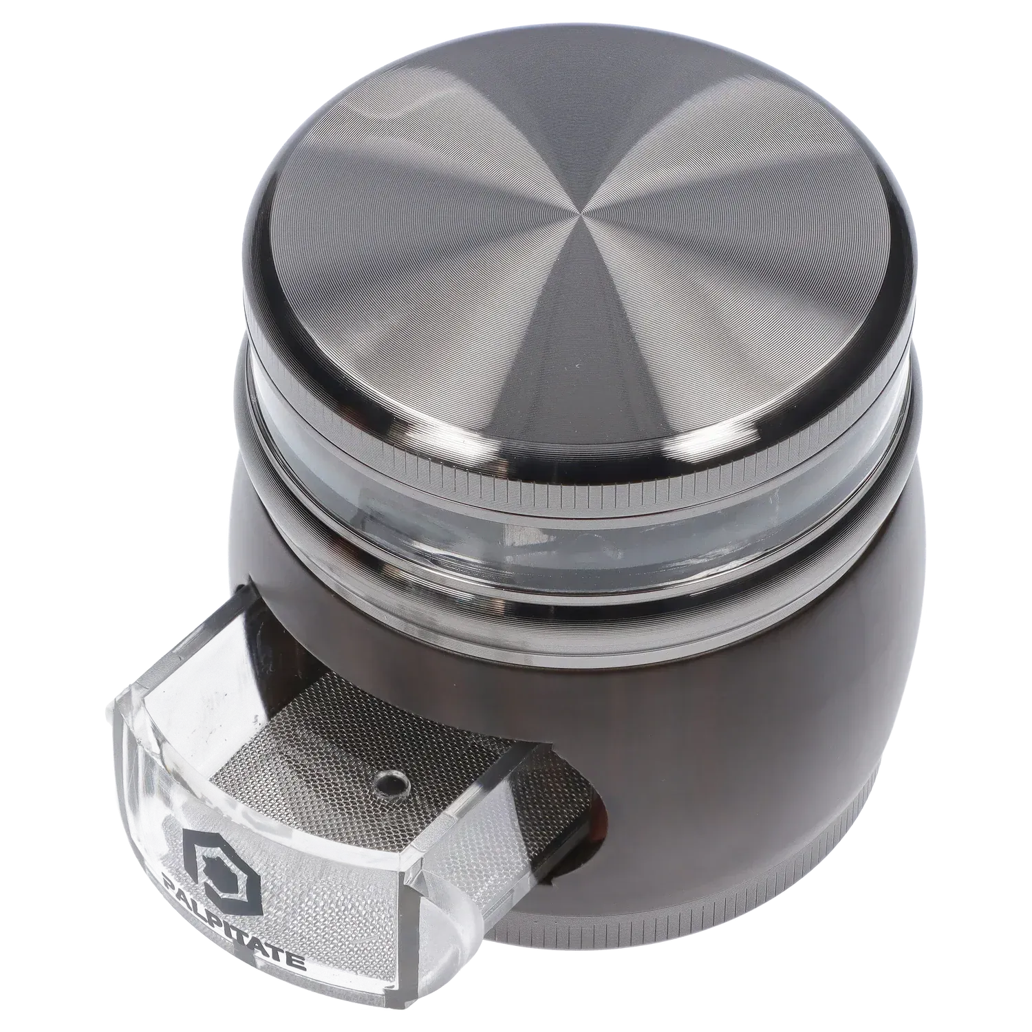 Top-down close-up of the DHC Glossy 3-Stage Grinder - 62mm showing its circular brushed-metal lid, clear middle chamber, and angled clear plastic catch.