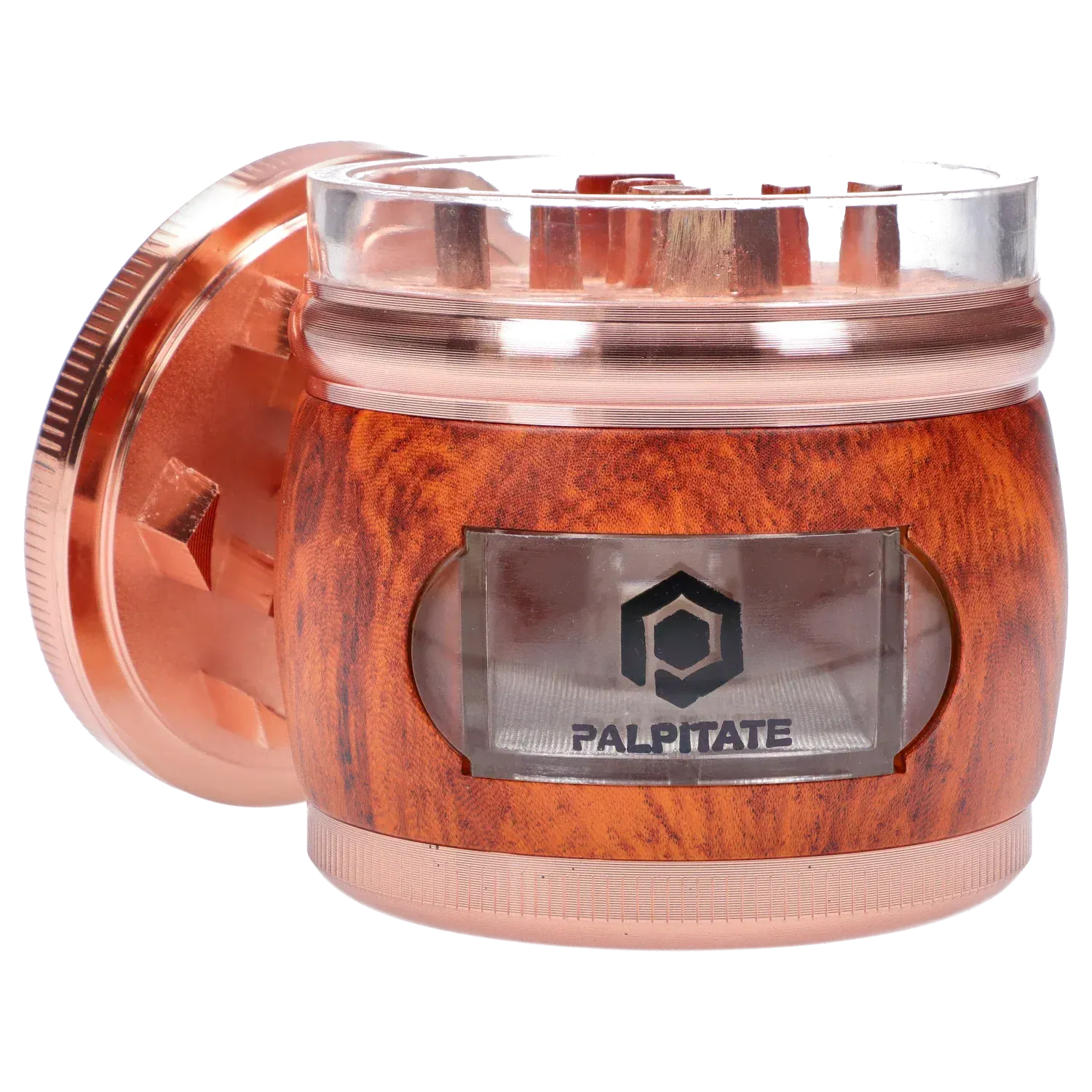 Close-up angled view of the wood-grain and rose-gold DHC Glossy 3-Stage Grinder - 62mm showing its clear top chamber, visible teeth, and front logo window