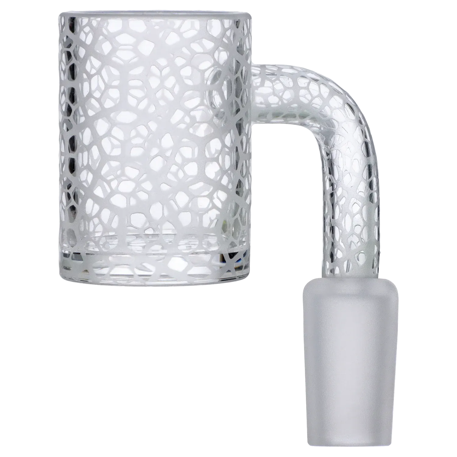 Close-up side view of the DHC Frosted Banger - 14mm showing its frosted glass cup and curved joint with a patterned, translucent web-like texture.