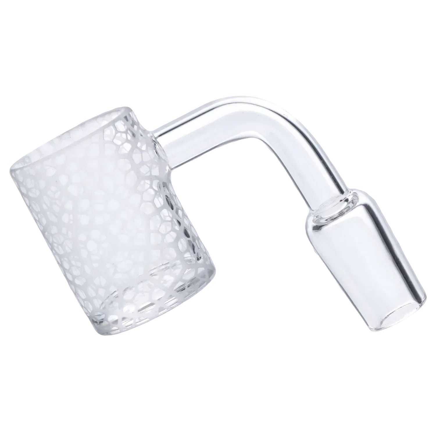 Angled close-up of a frosted honeycomb chamber and bent joint on the 14mm Frosted Honeycomb Banger.