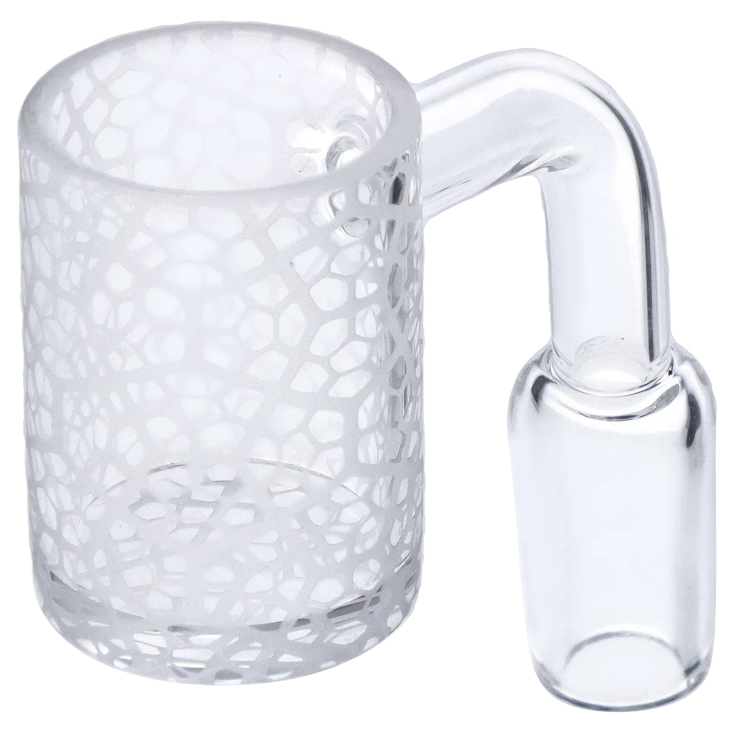 Close-up, angled view of the 14mm Frosted Honeycomb Banger showing its frosted honeycomb-patterned cup and clear bent glass neck.