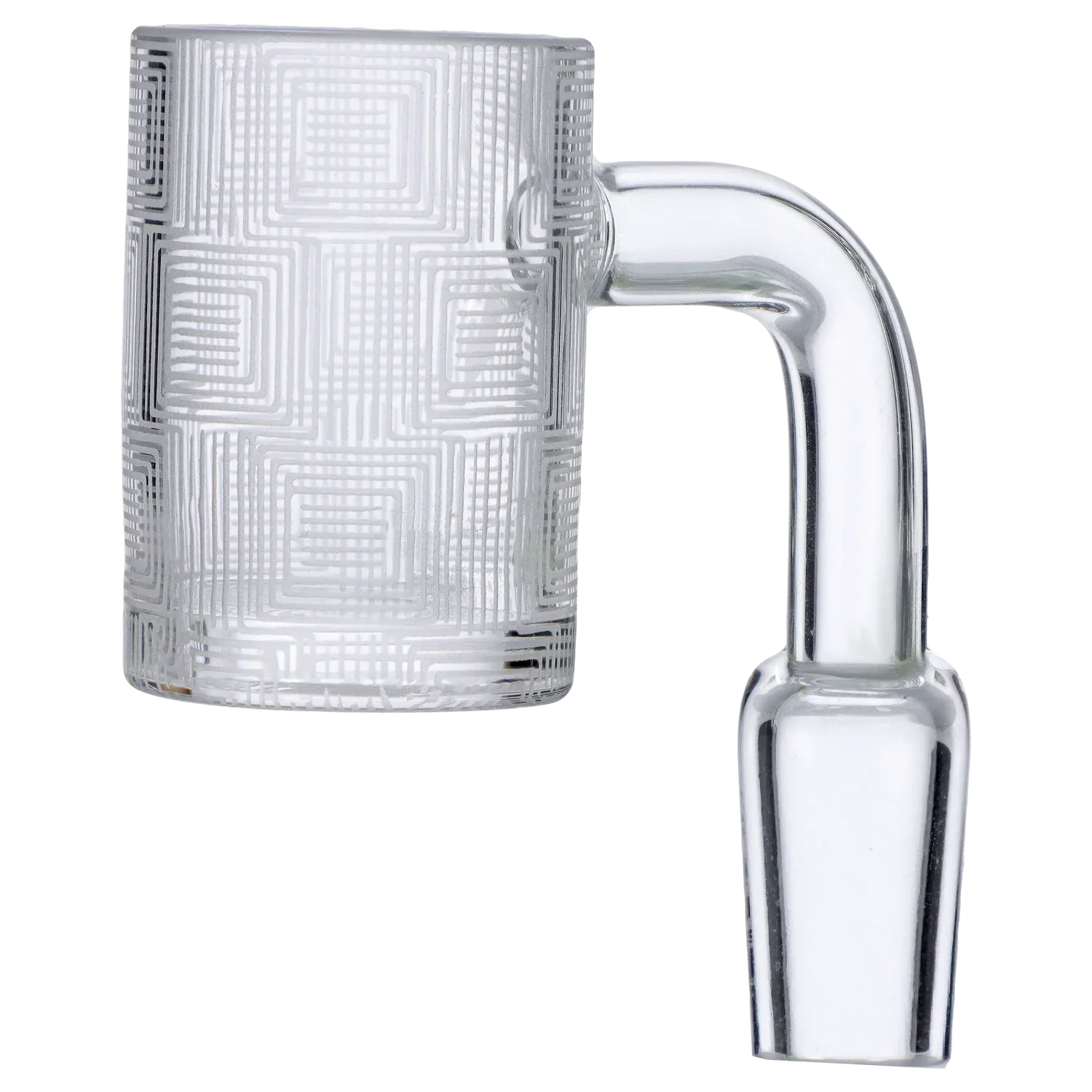 Close-up side view of the frosted geometric cup and angled joint of the DHC Frosted Banger - 14mm.