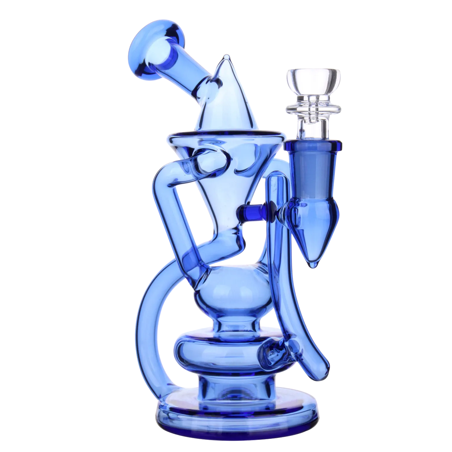 Right-side close-up of the green DHC Bent Neck Recycler Dual Use Bong - 6.8 in., showing its blue-tinted glass recycler chambers and angled bent neck against a white background
