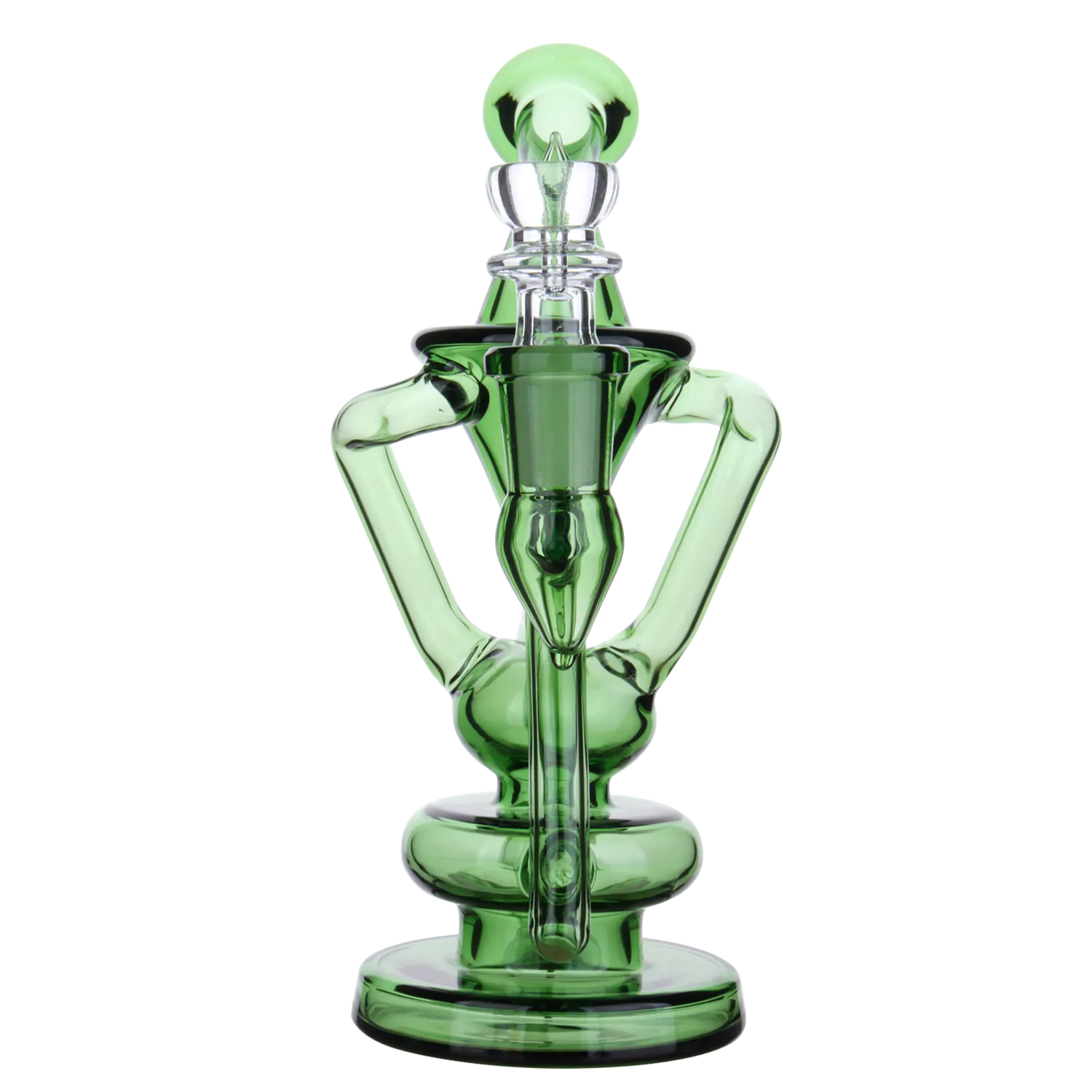 Center-front view of the green DHC Bent Neck Recycler Dual Use Bong - 6.8 in., showing its bent twin-arm recycler design on white.