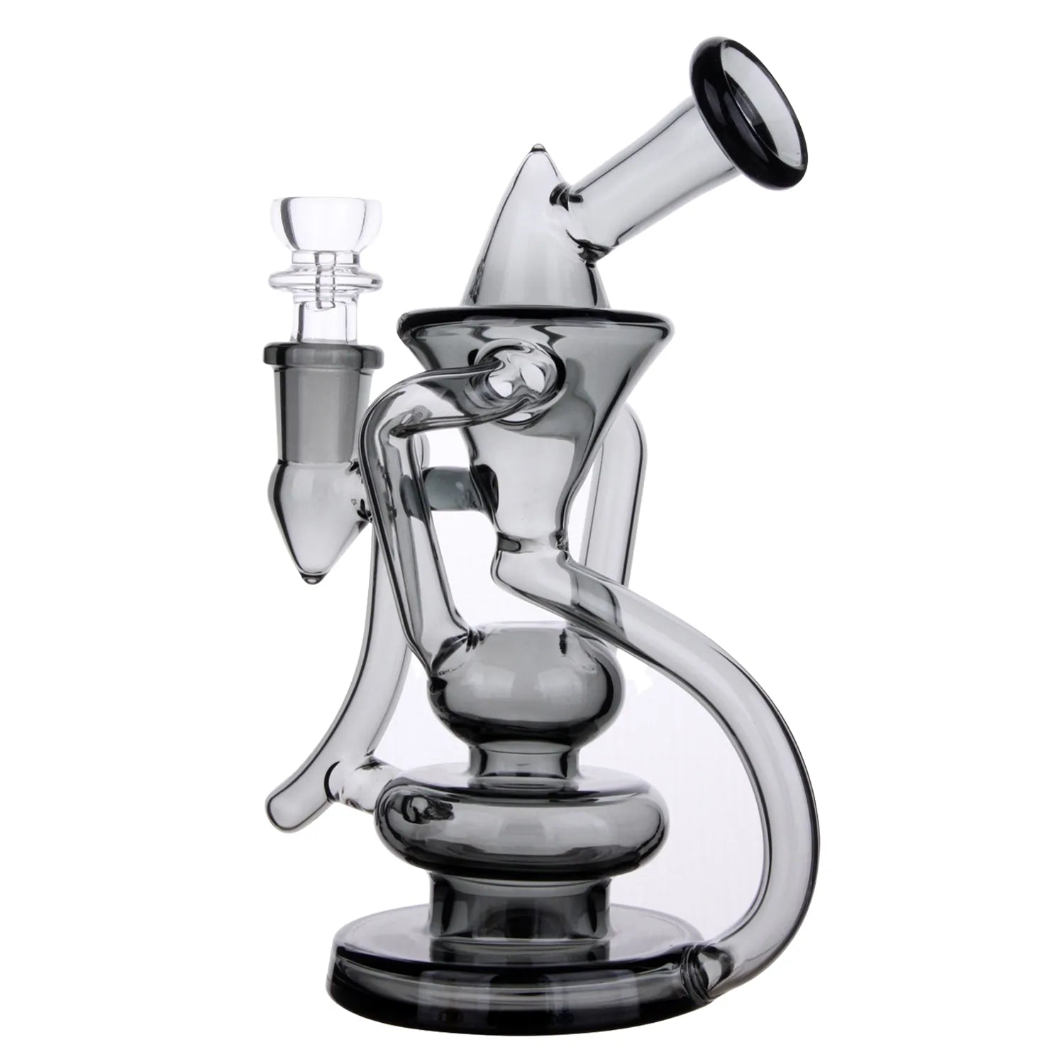 Close-up front three-quarter view of the DHC Bent Neck Recycler Dual Use Bong - 6.8 in. in smoky blue glass showing its bent mouthpiece, angled joint, looping recycler tubes, and round beaker base against a white background