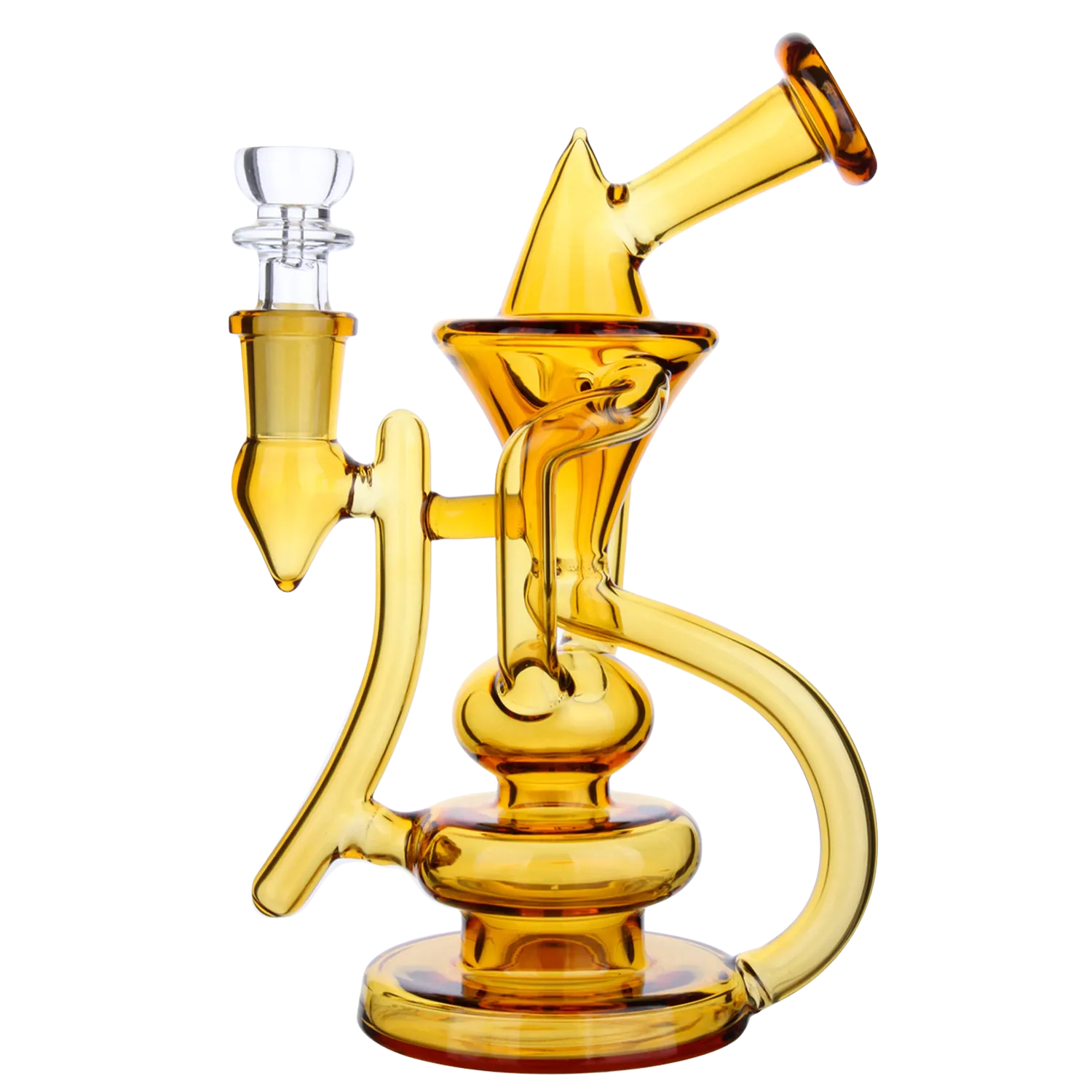 Angled close-up of the yellow DHC Bent Neck Recycler Dual Use Bong - 6.8 in., showing its curved tubes, bent mouthpiece, and glossy glass finish.