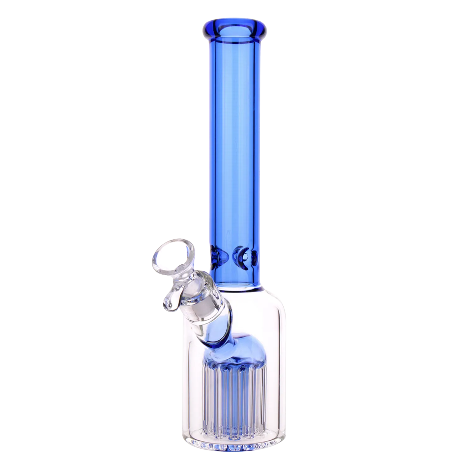 Close-up front view of the DHC Color Tube & Tree Perc Rounded Beaker Bong - 10.5 in. showing its tall blue straight tube, angled clear joint, and internal tree percolator.